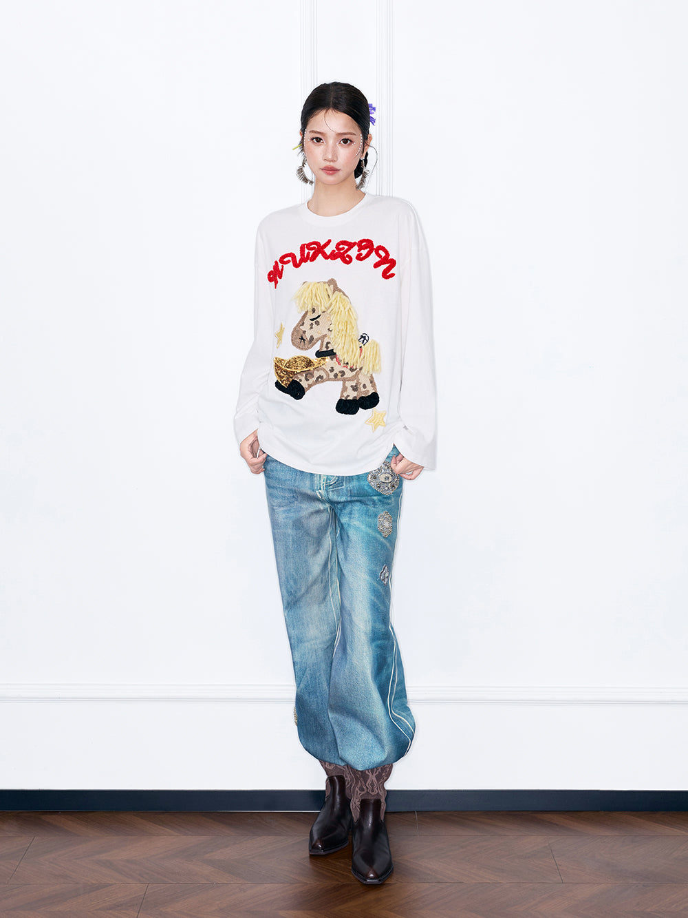 MUKZIN“Capsule Collection”Cute Cartoon Pony Embroidered Long-Sleeve T-Shirt