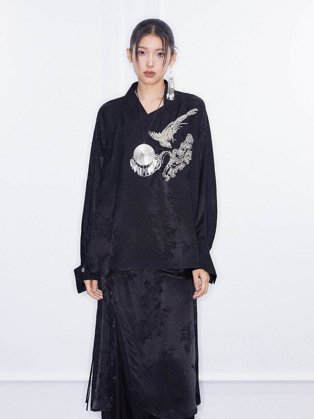 MUKZIN  SpringPrelude Quexi Chinese-style Printed Side-slit Straight Tube Half Skirt