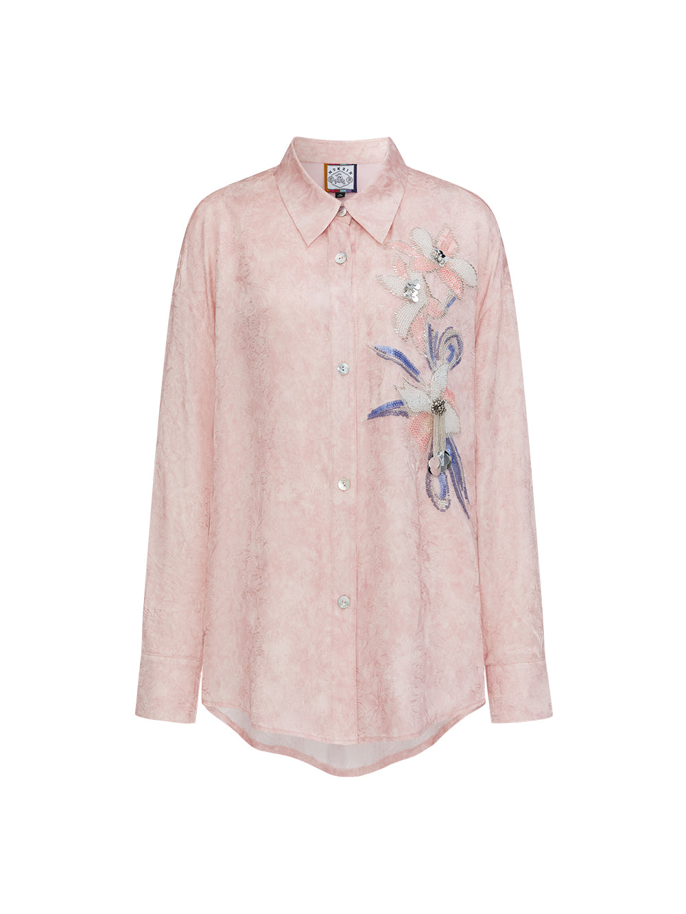 MUKZIN“Realm of Ethereal Mist”Pink Jacquard Floral Embroidered Shirt
