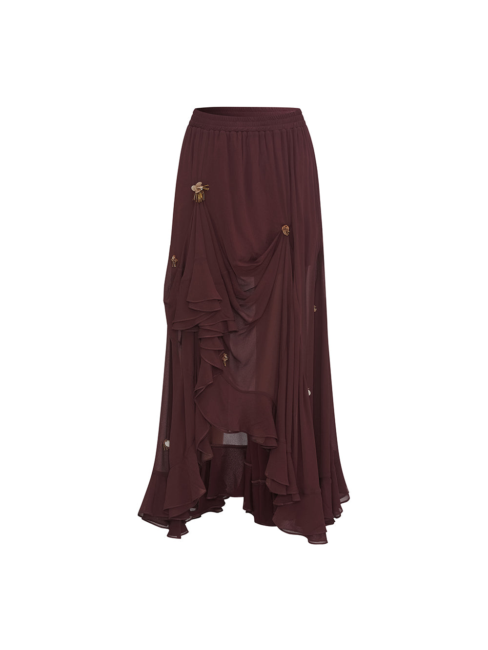 MUKZIN“Realm of Ethereal Mist”Burgundy irregular midi skirt