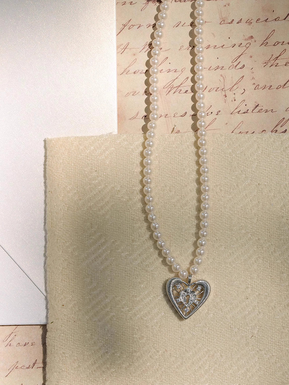 MUKTANK×SUN Lace heart lock pearl necklace