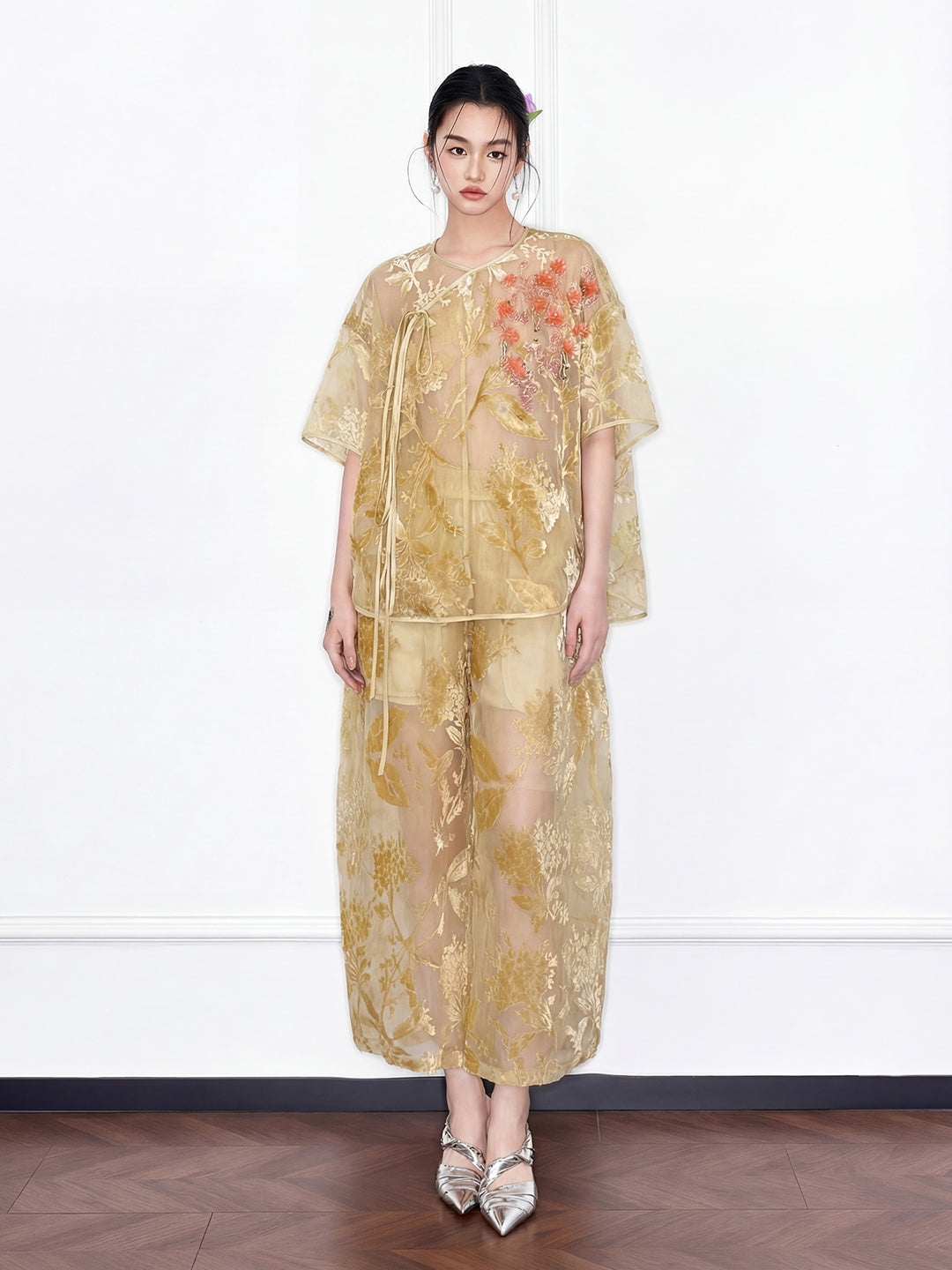 MUKZIN "Capsule Collection" New Chinese Style Embroidered Mulberry Silk Organza Pant Set