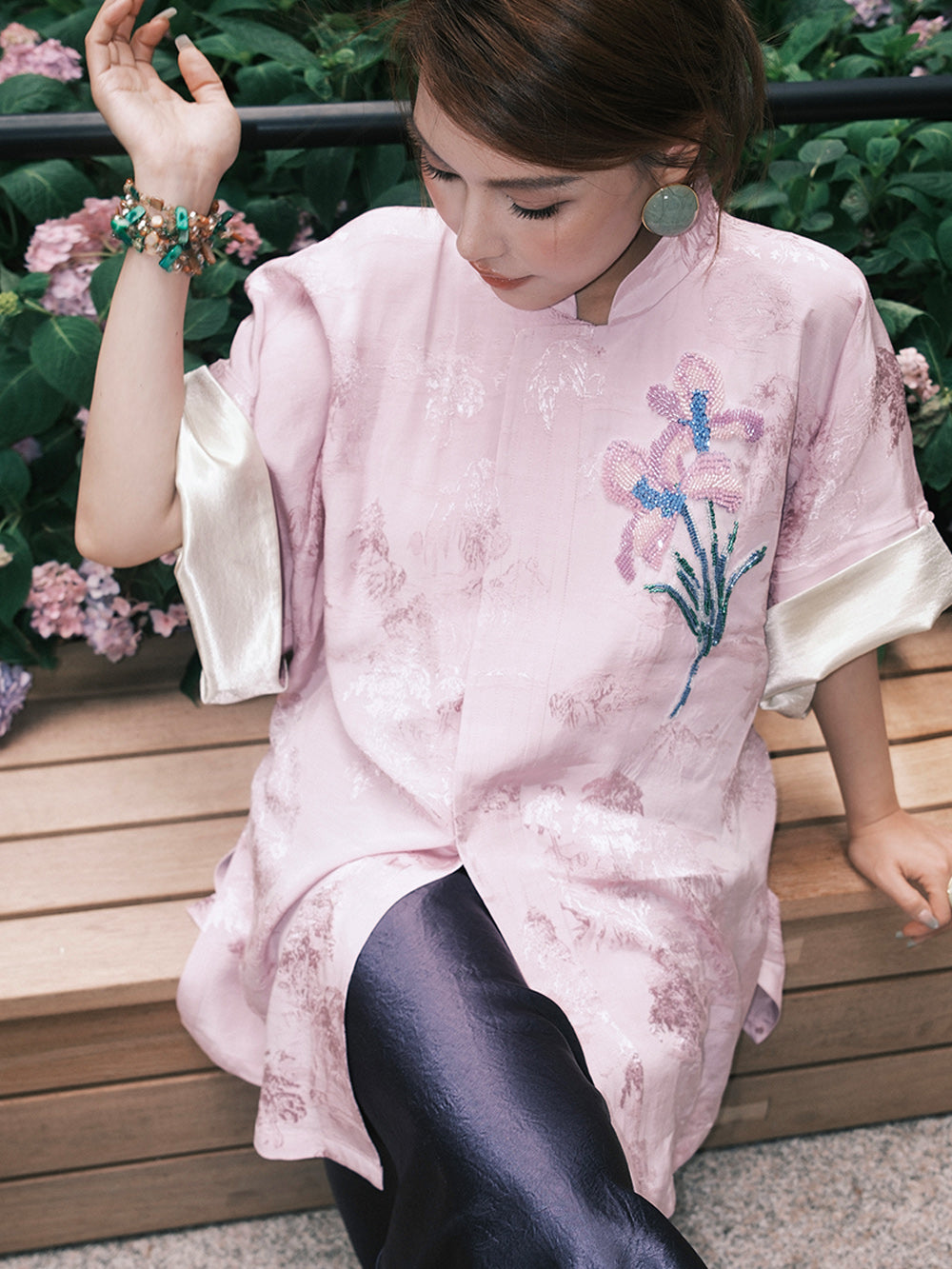 MUKZIN“Capsule Collection”Pink Chinese - style Stand - up Collar Floral Embroidered Loose Top
