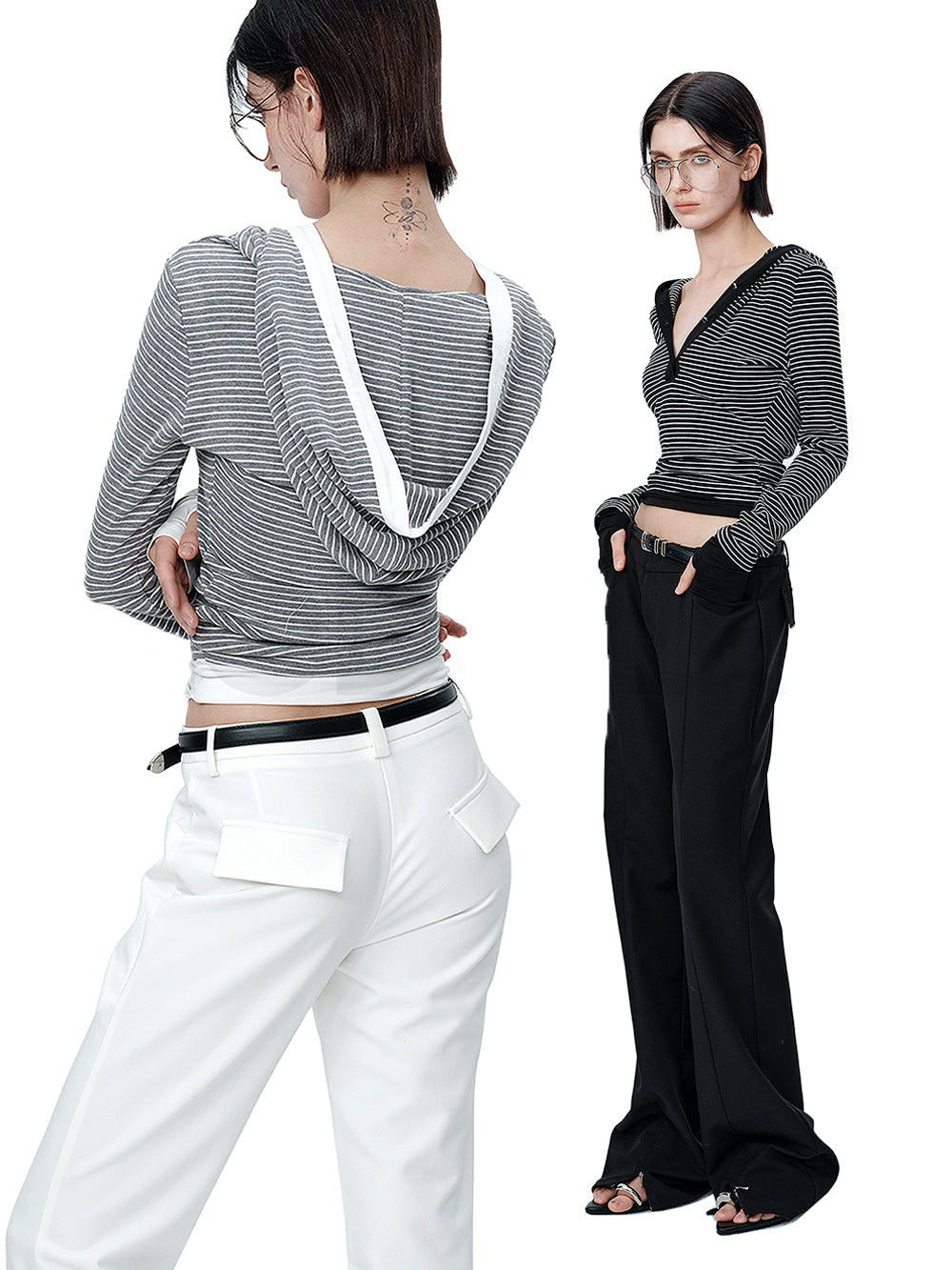MUKTANK×MODULER Striped hooded V-neck Knitted Top With a Slim Fit and Contrasting Color Splicing