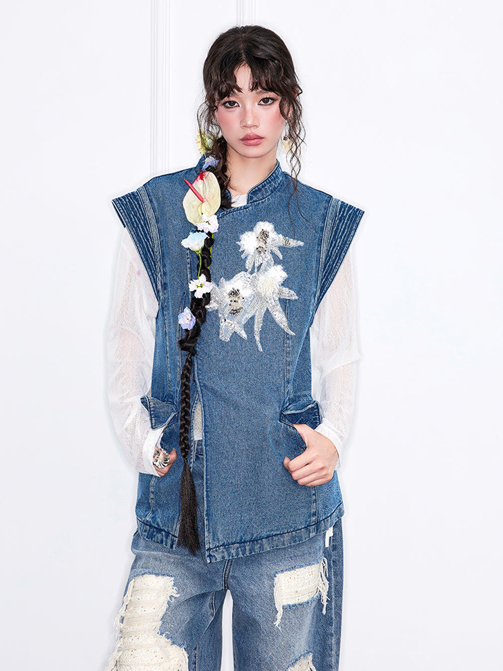 MUKZIN“Realm of Ethereal Mist”Chinese - style Frog Button Denim Vest with Sequin Floral Decoration
