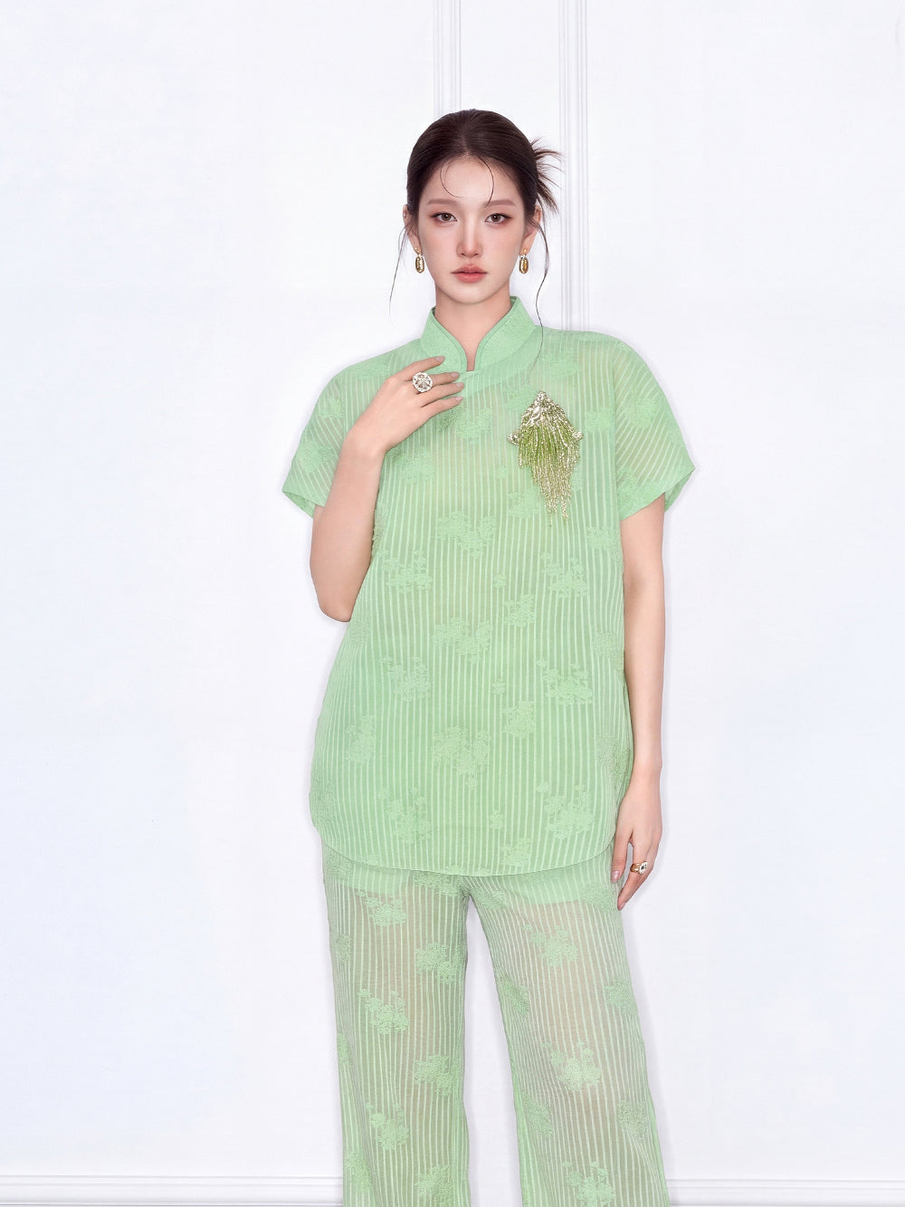 MUKZIN×Capsule Collection Modern Chinese Shirt Set with ICH Hami Hand Embroidery