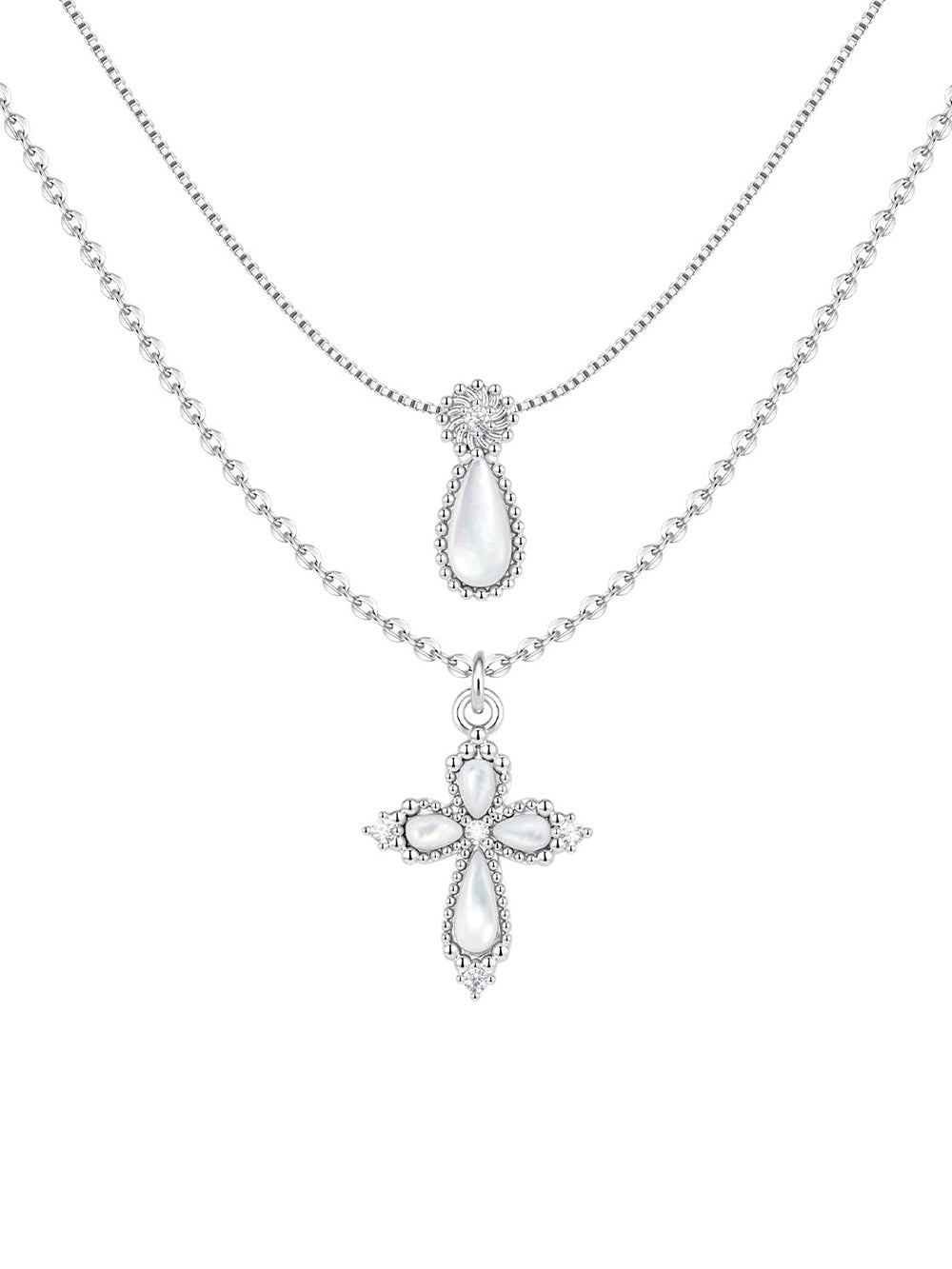 MUKTANK×SUN HUNTER Mother-of-Pearl Petal Teardrop Cross Double-Layer Necklace