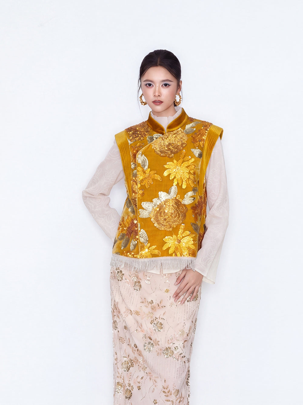 MUKZIN×Capsule Collection New Chinese-Style Floral Print Silk Velvet Stand Collar Vest – Orange