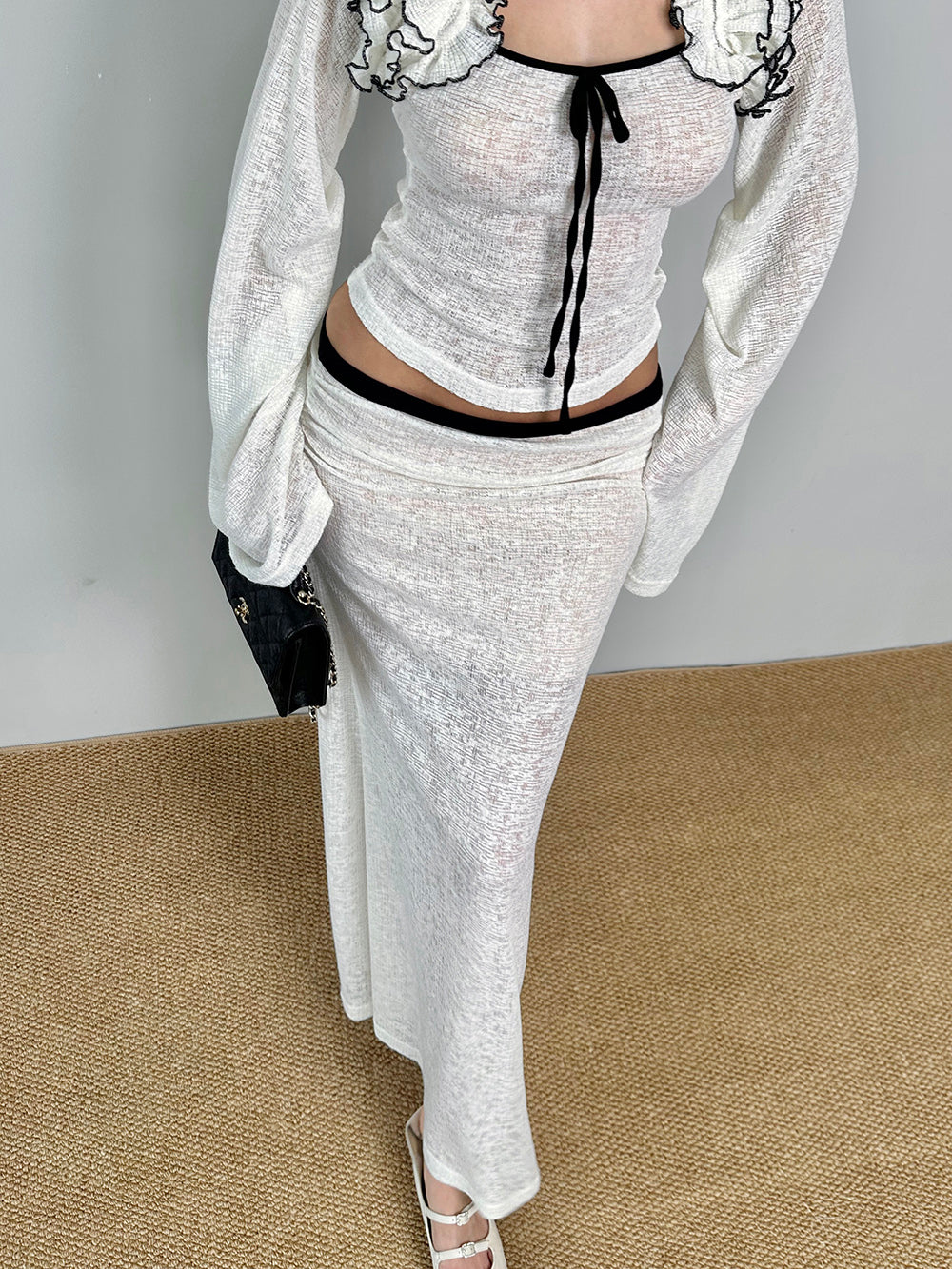 MUKTANK×Jqwention Black & White Contrast Lace Trim Moonlight Slim Suit Midi Skirt