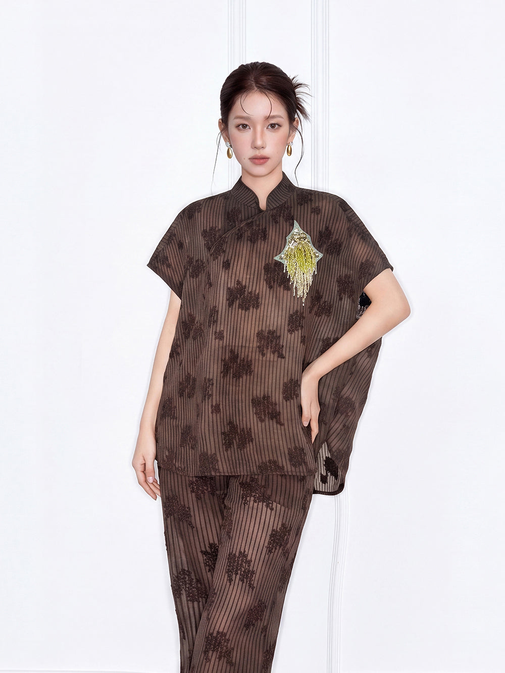 MUKZIN×Capsule Collection Modern Chinese Shirt Set with ICH Hami Hand Embroidery