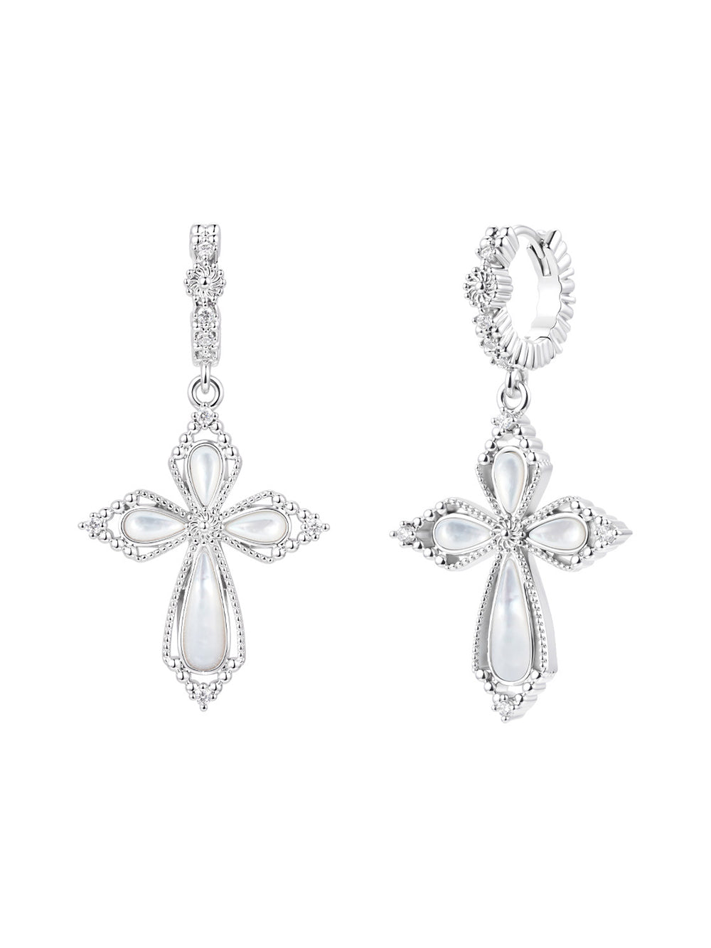 MUKTANK×SUN HUNTER Mother-of-Pearl Petal Cross Drop Earrings