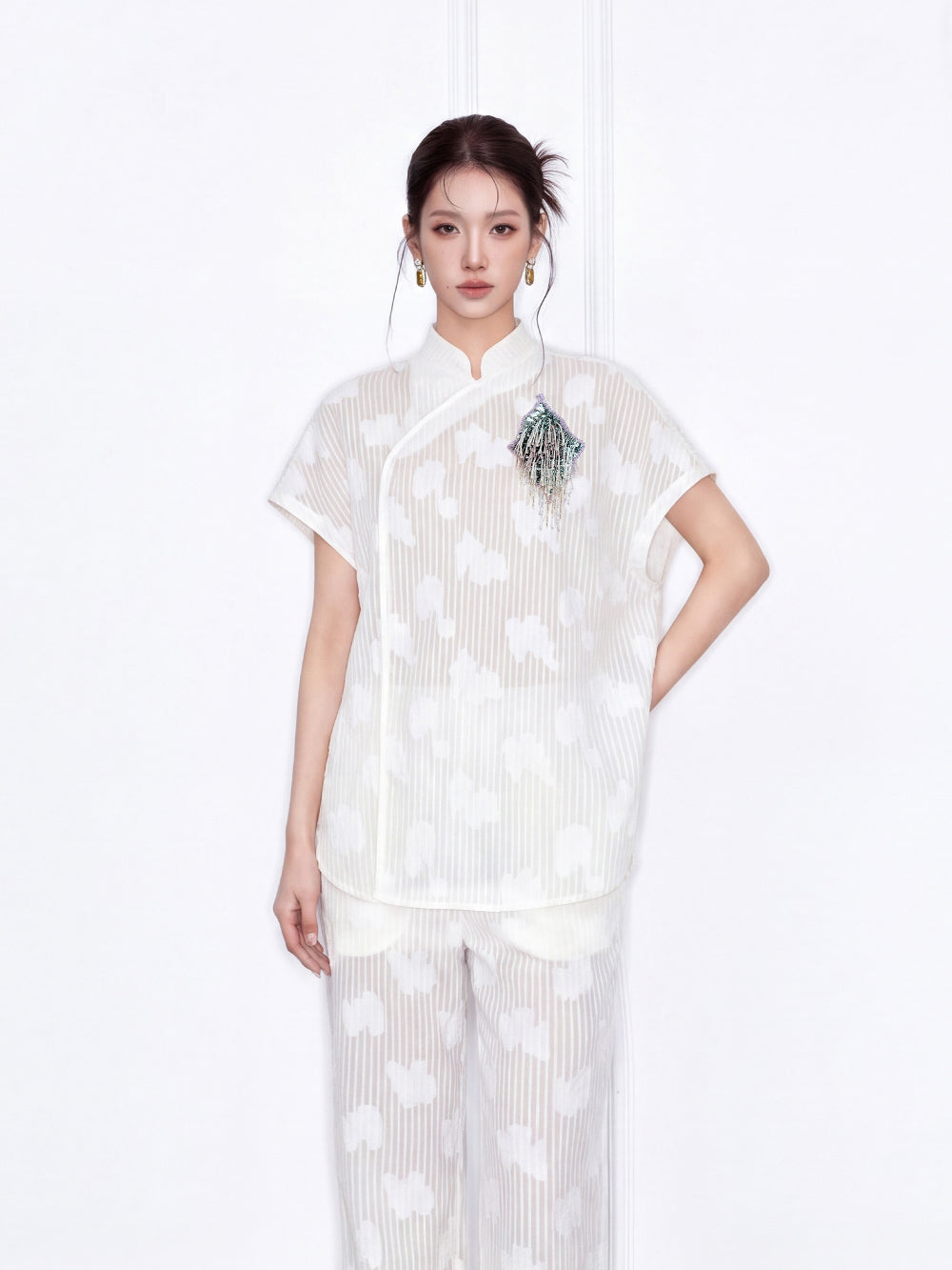 MUKZIN×Capsule Collection Modern Chinese Shirt Set with ICH Hami Hand Embroidery