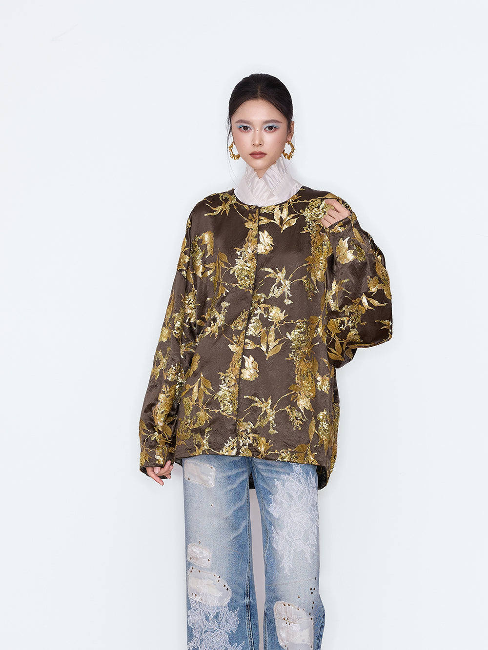 MUKZIN×Flourishing Blooms New Chinese-Style Floral Patch&Beaded High-Waist Jeans