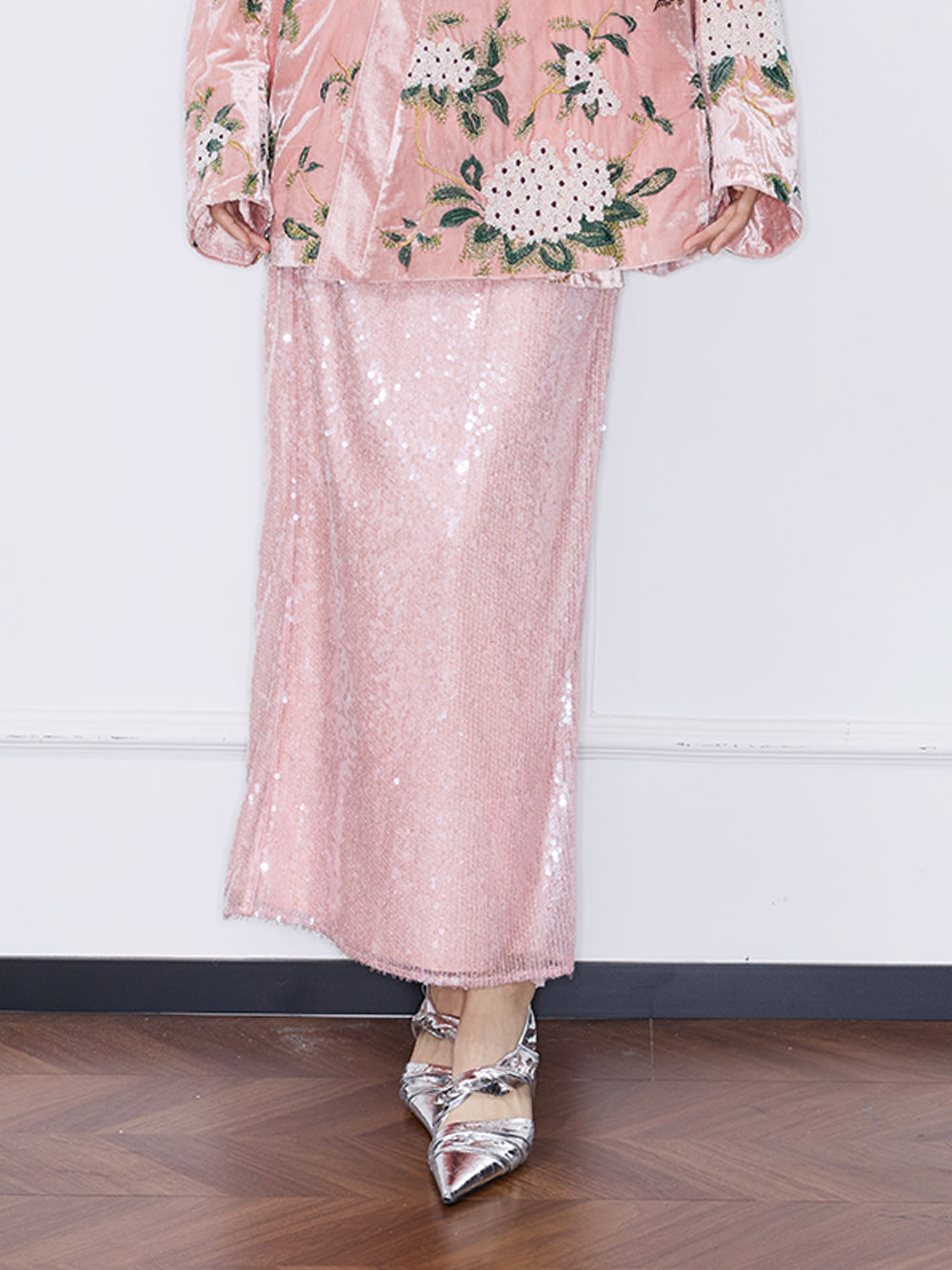 MUKZIN“Capsule Collection”Light Pink Sequin High Waist Slimming Maxi Skirt