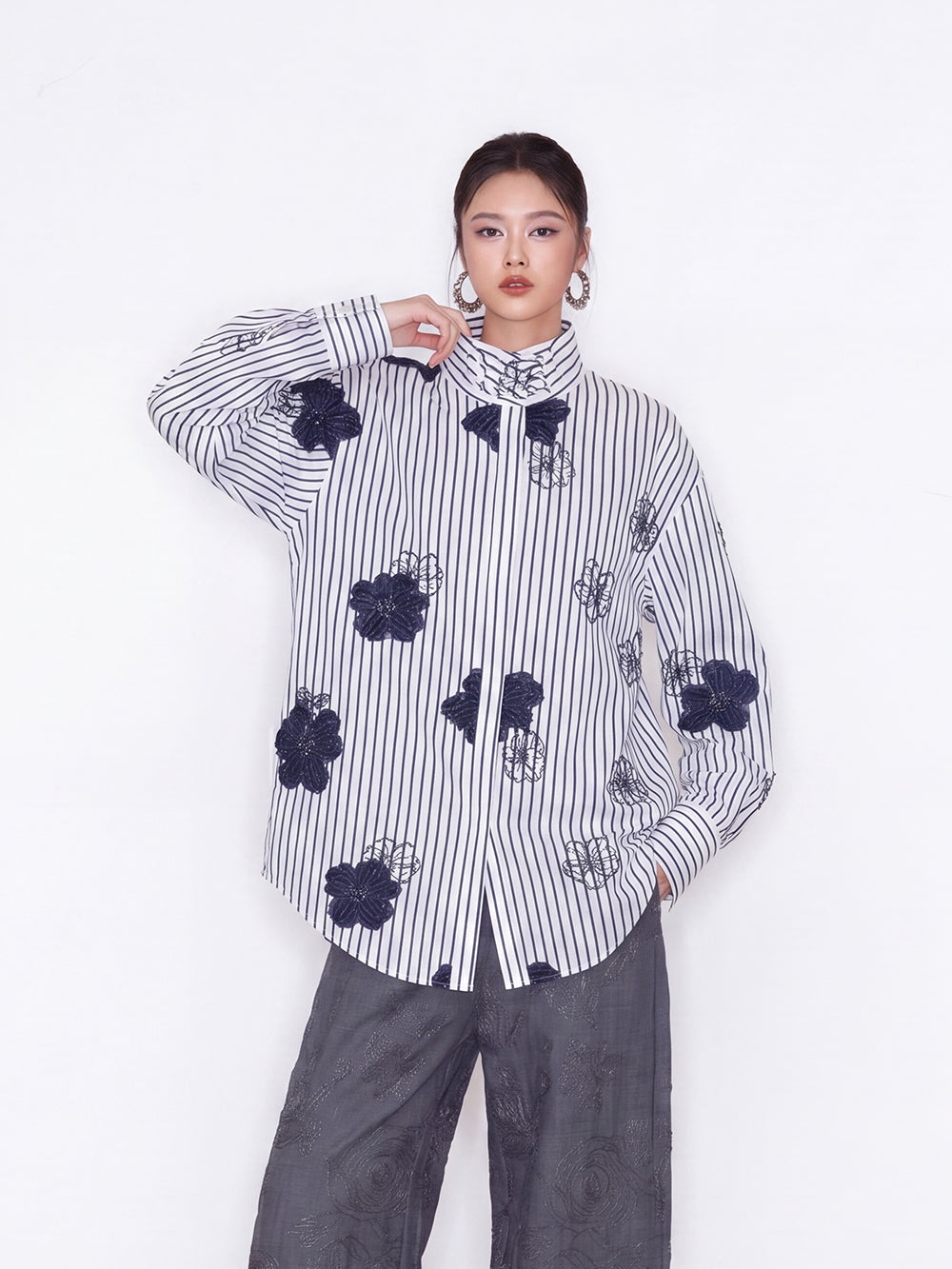 MUKZIN×Capsule Collection New Chinese-Style Embroidered Striped Long Sleeve Shirt