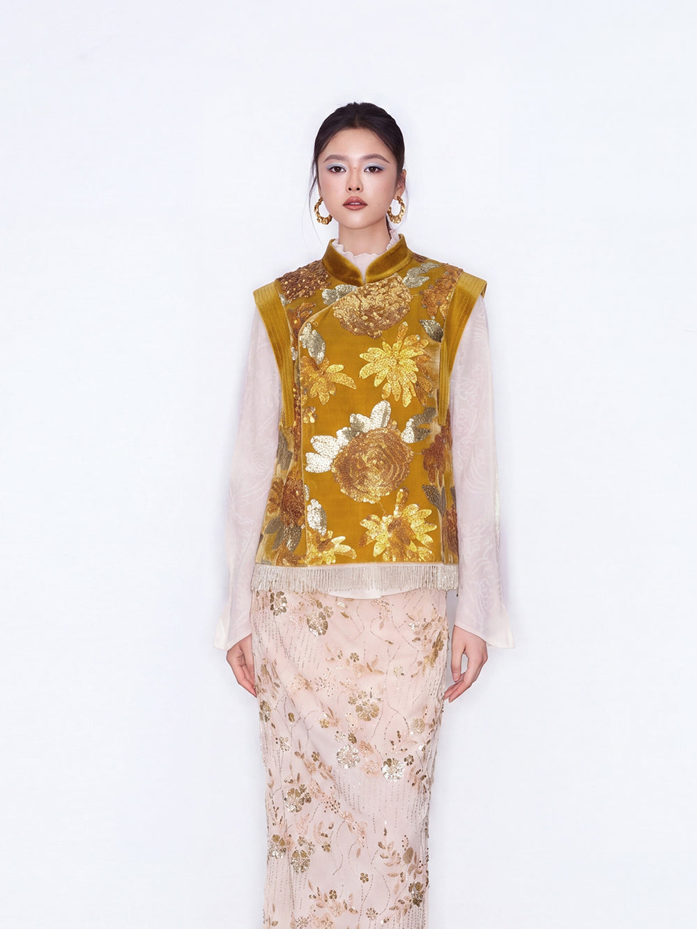 MUKZIN×Capsule Collection New Chinese-Style Floral Print Silk Velvet Stand Collar Vest – Orange