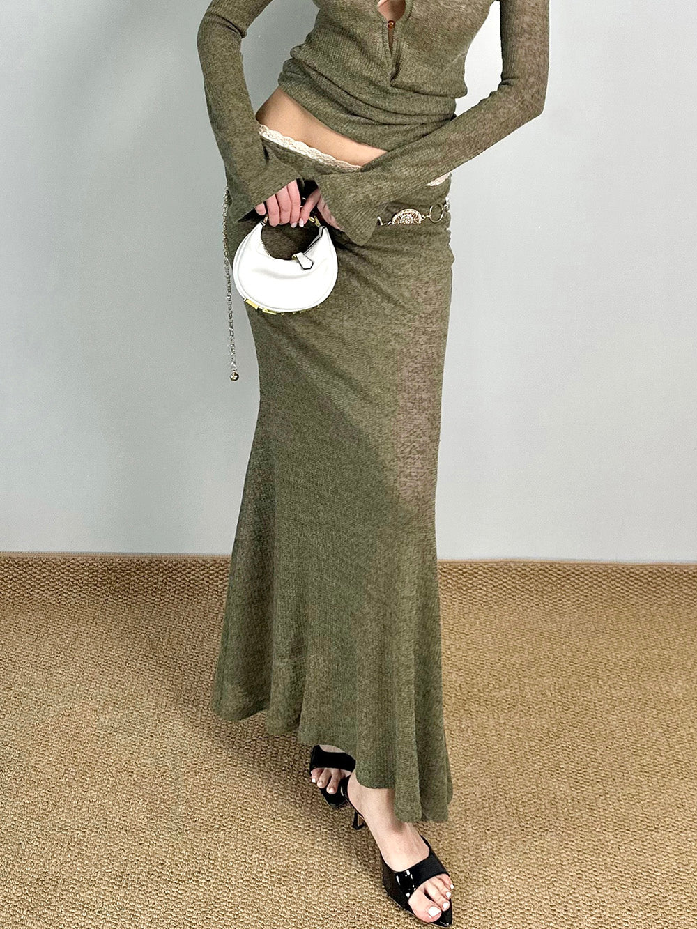 MUKTANK×Jqwention Moss Green Slim-Fit Maxi Dress Suit Midi Skirt
