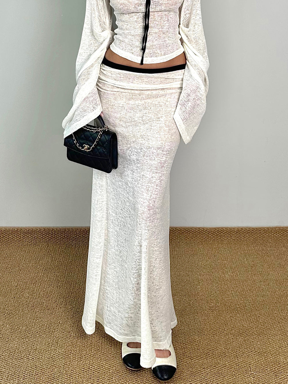 MUKTANK×Jqwention Black & White Contrast Lace Trim Moonlight Slim Suit Midi Skirt