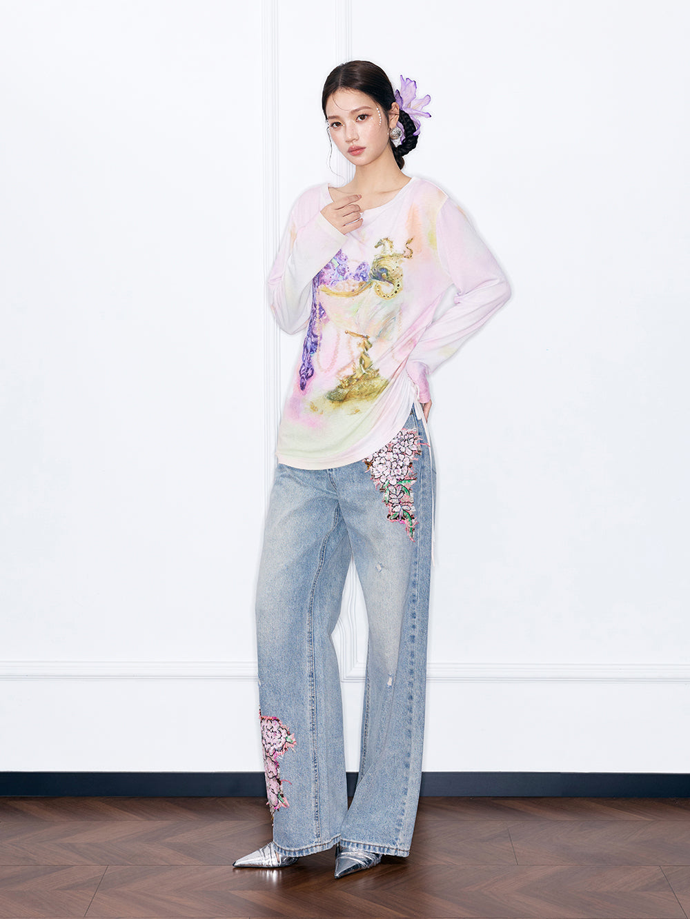 MUKZIN“Night Ballad of Chang'an”Floral Embroidered Wide-Leg Jeans | Distressed Vintage Denim Pants with Sequin Floral Appliques