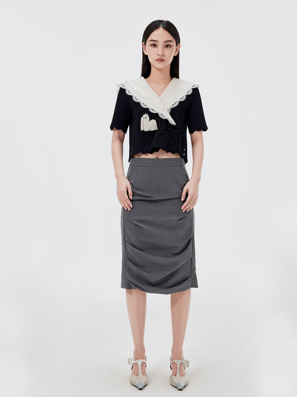 MUKZIN Gray Pleated Midi Skirt