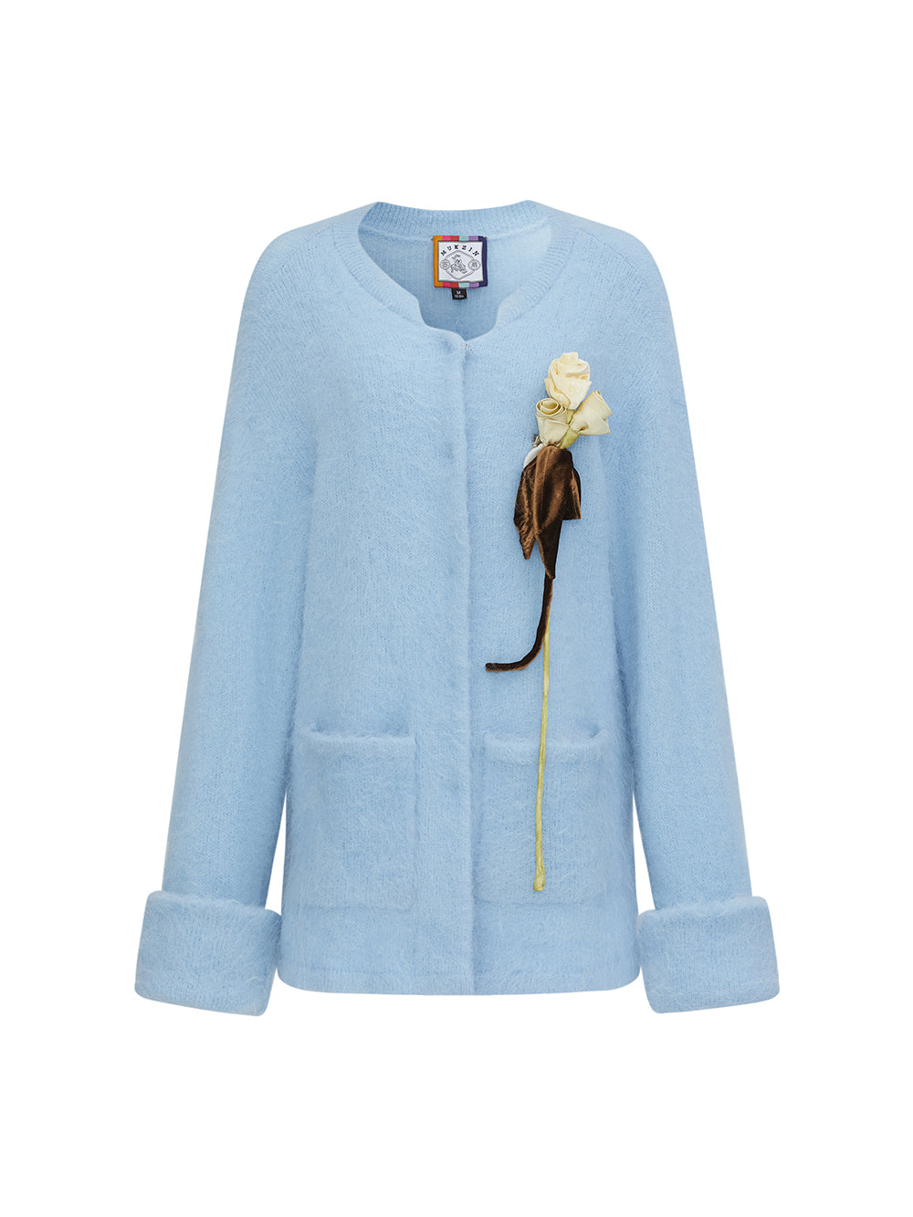MUKZIN“Realm of Ethereal Mist”Light Blue Fuzzy Cardigan with Floral Decoration