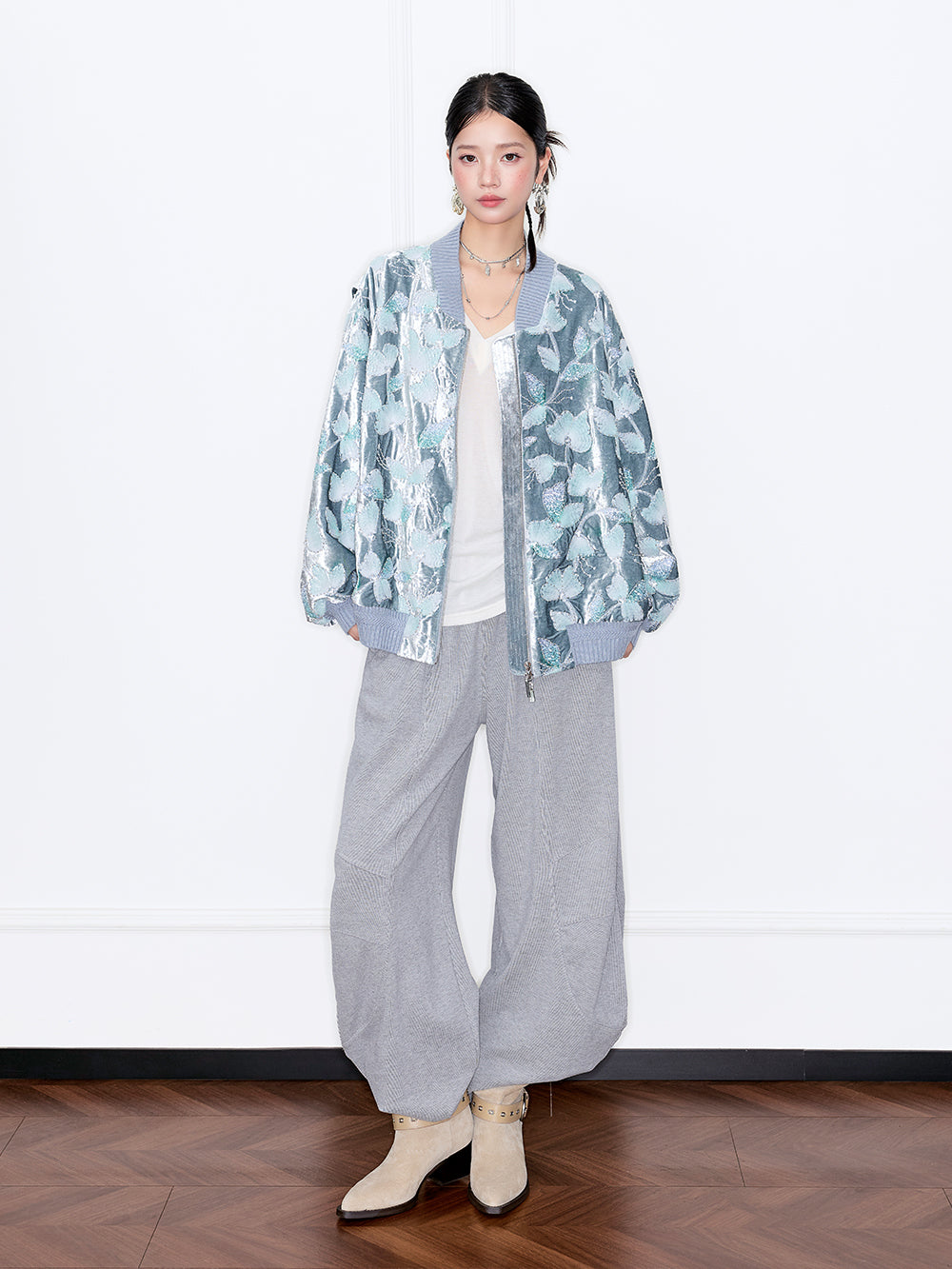 MUKZIN“Capsule Collection”Silver Gray Velvet Jacquard Baseball Jacket