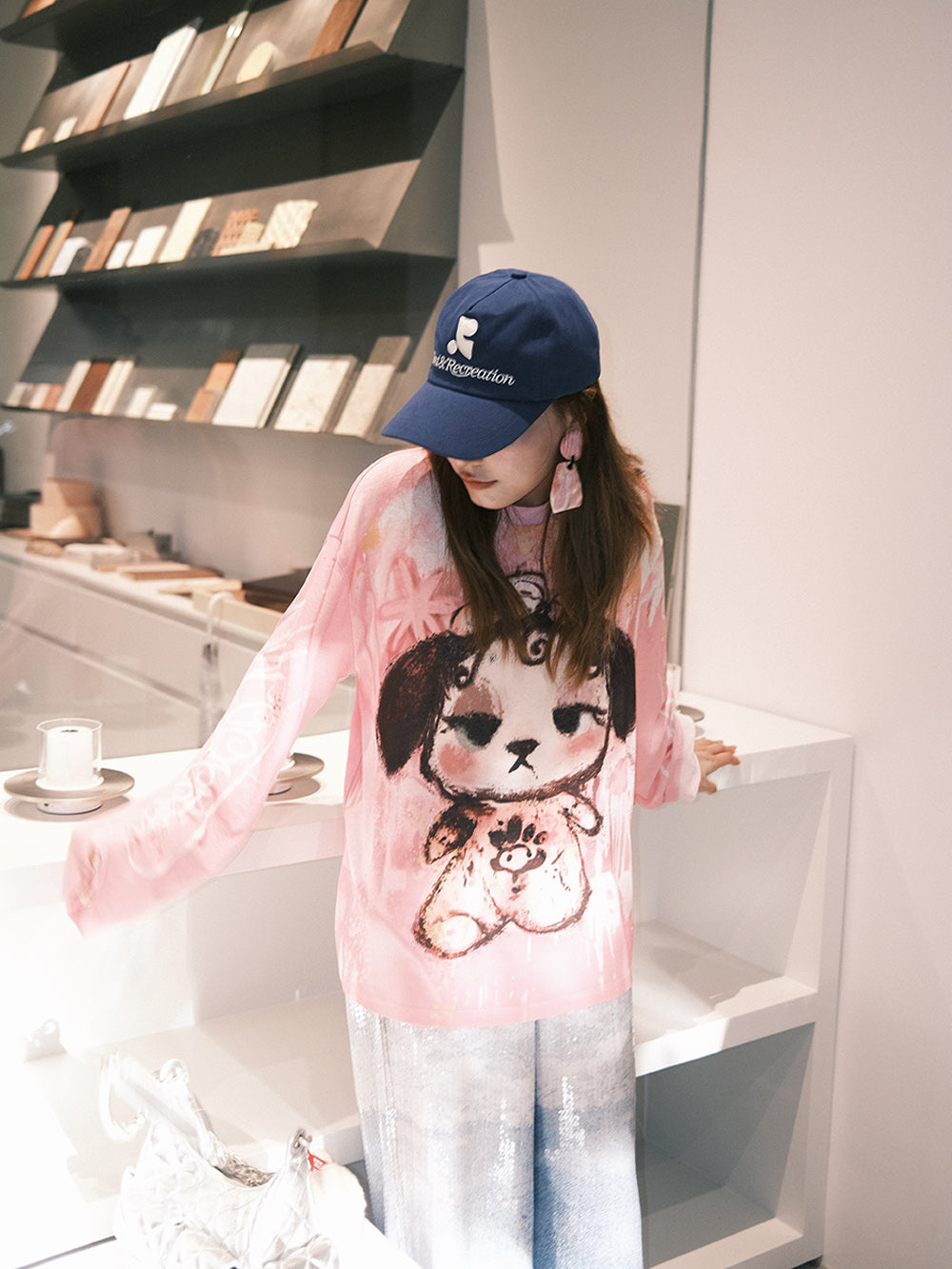 MUKZIN“Capsule Collection”Pink - toned tie - dye style cute dog printed long - sleeve T - shirt