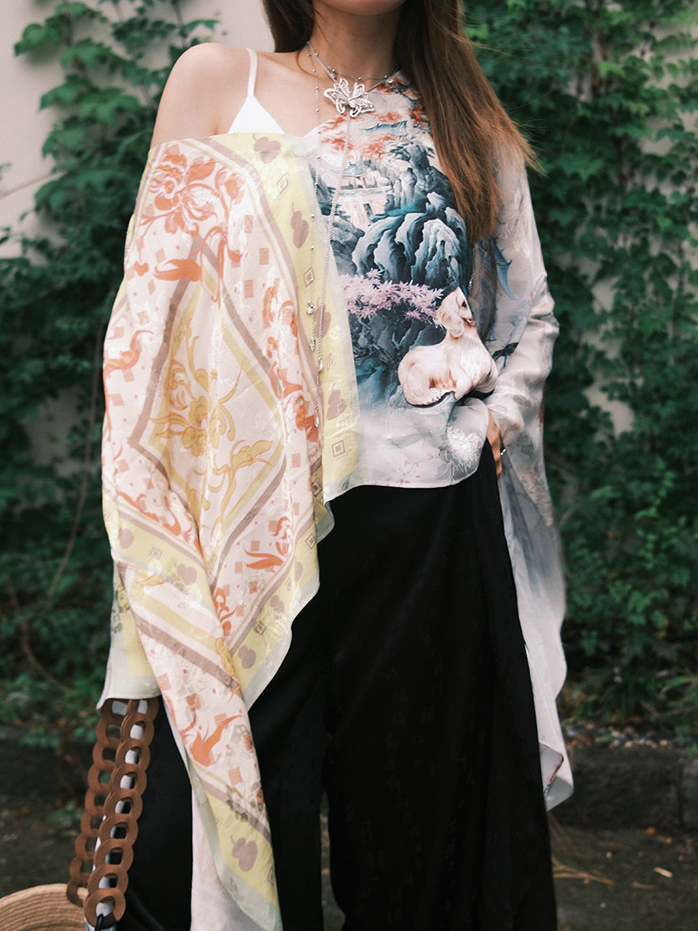 MUKZIN“Capsule Collection”Chinese - Style Artistic Printed Loose - Fit V - Neck Top
