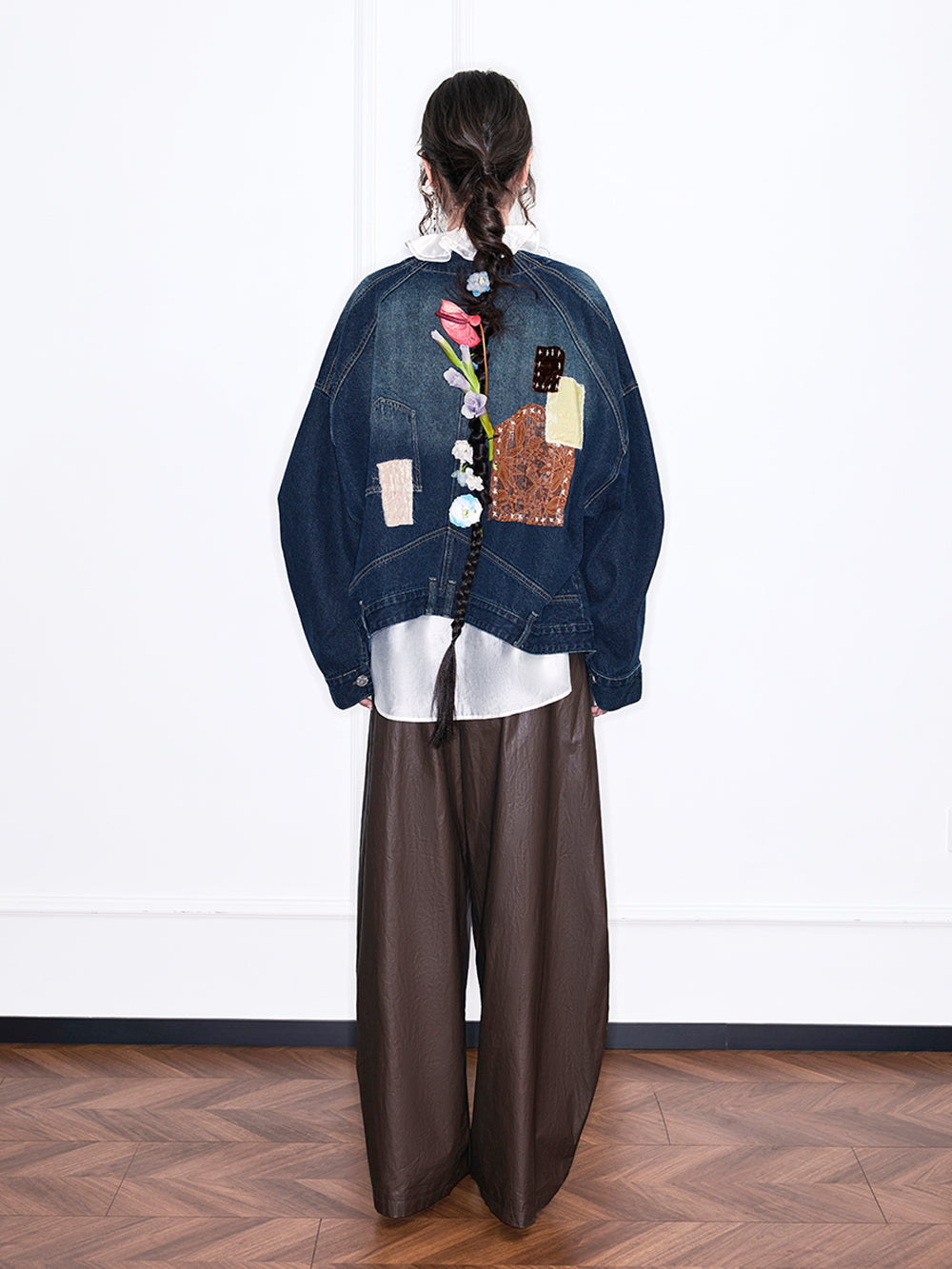 MUKZIN“Realm of Ethereal Mist”Intangible Cultural Heritage Applique - Embroidered Chinese - Style Cross - Collar Denim Jacket
