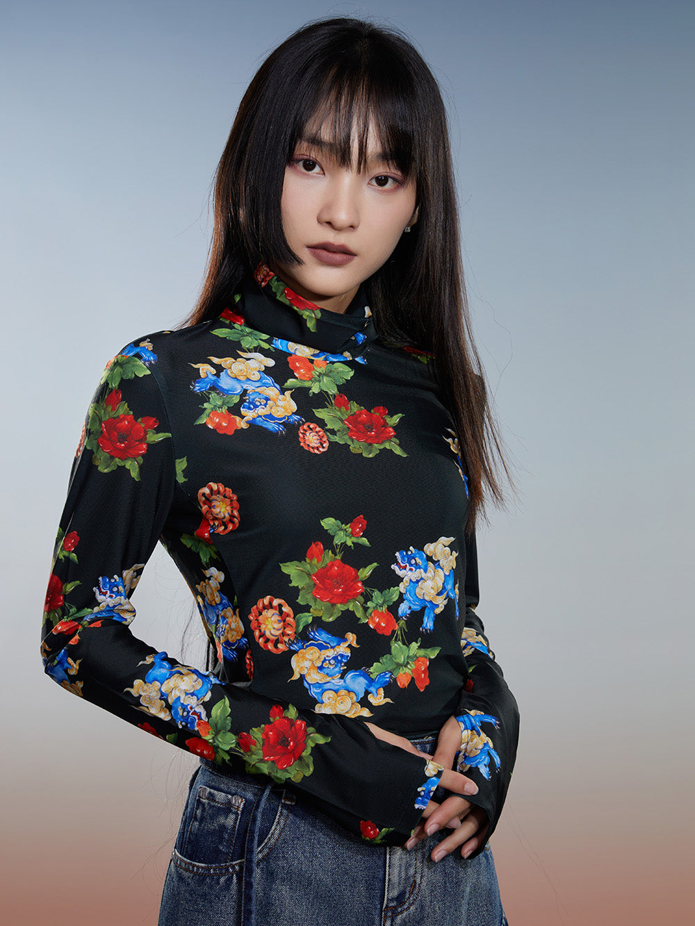 Thickened Fleece-Lined Autumn & Winter National Style Printed Turtleneck Base Shirt