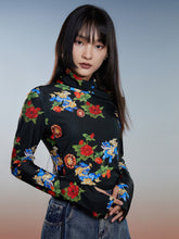 Thickened Fleece-Lined Autumn & Winter National Style Printed Turtleneck Base Shirt