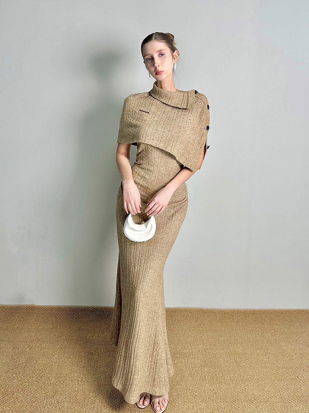 MUKTANK×Jqwention Patchwork V-Neck Slim-Fit Knit Lace Two-Piece Dress Shrug