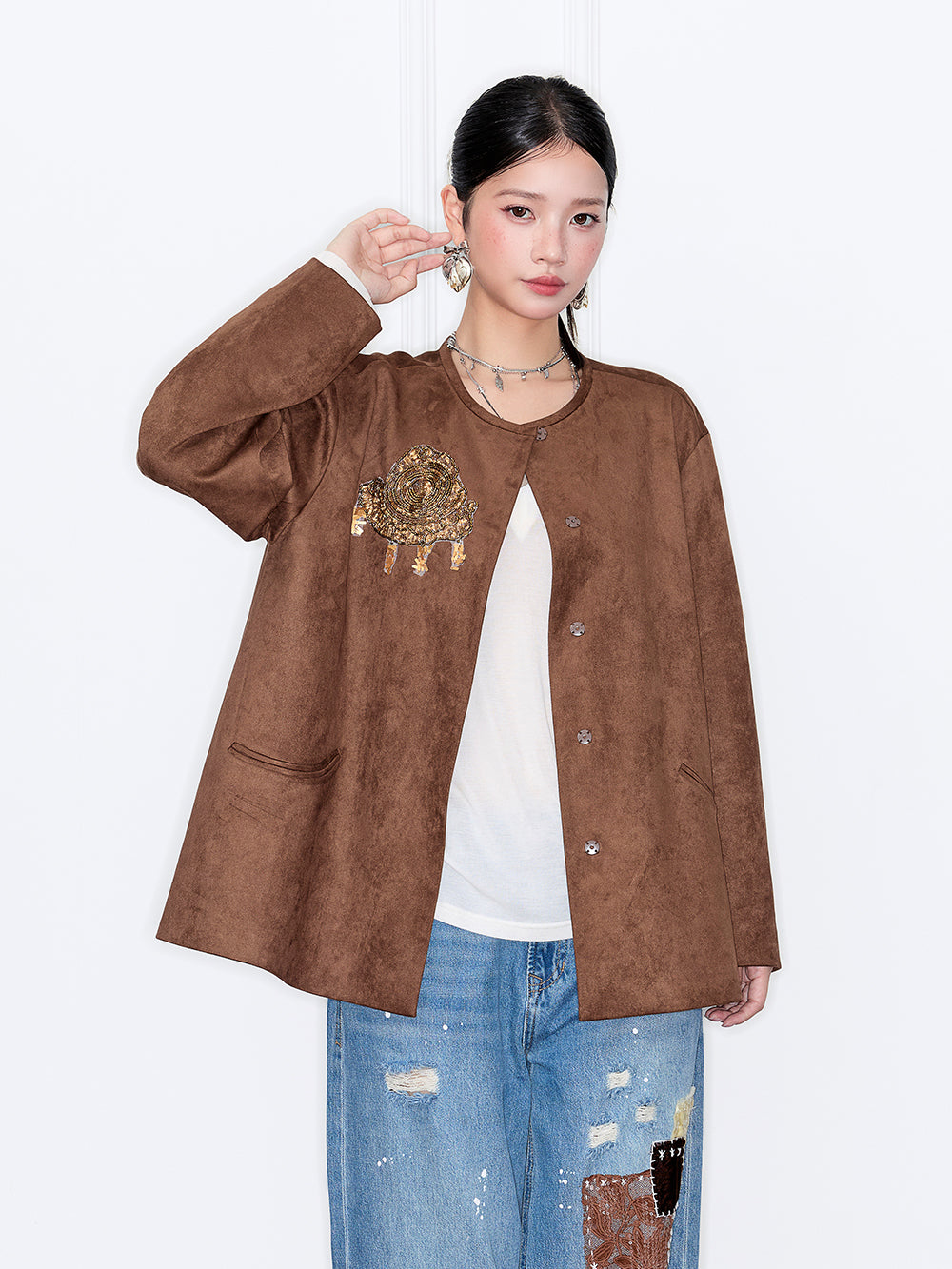 MUKZIN“Capsule Collection”Brown Suede-like Round Neck Jacket with Embroidered Accents - Loose Fit