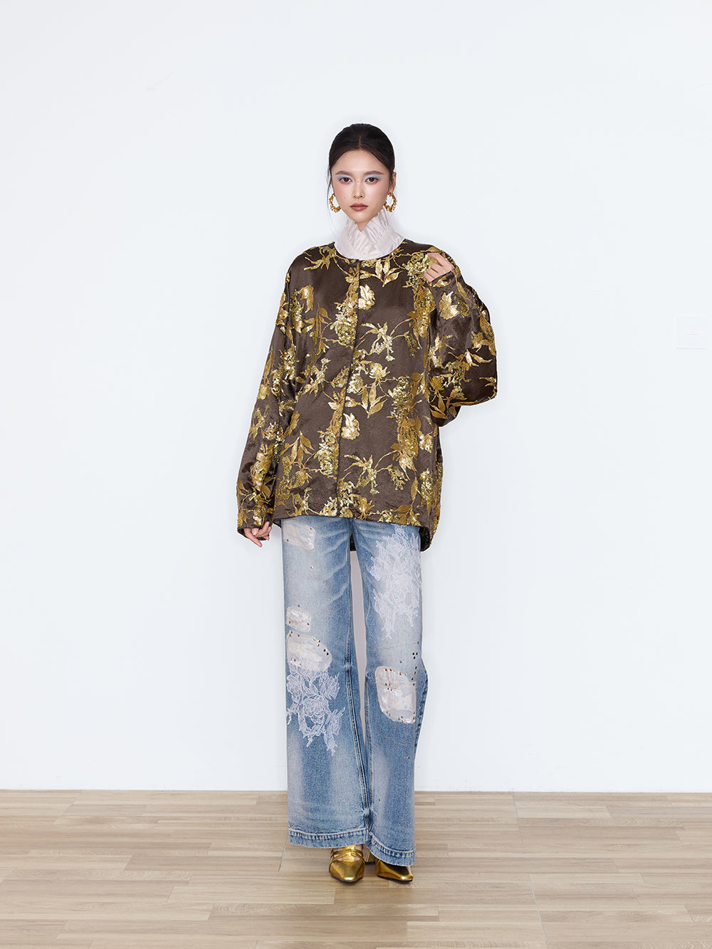 MUKZIN×Flourishing Blooms New Chinese-Style Floral Patch&Beaded High-Waist Jeans