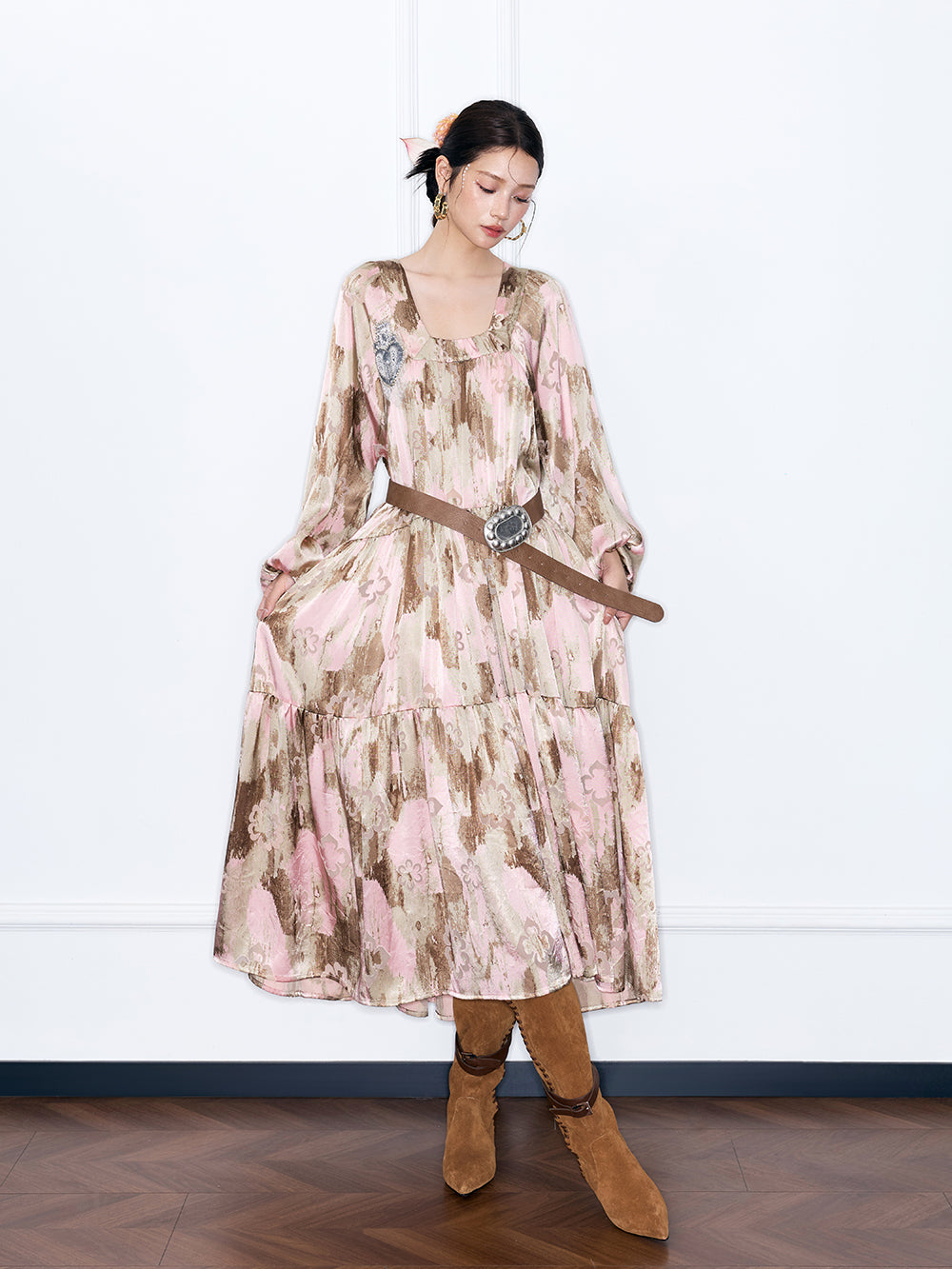 MUKZIN“Capsule Collection”Pink Abstract Print Tiered Maxi Dress | Oriental Sequin Embellished Long Sleeve Dress with Belt