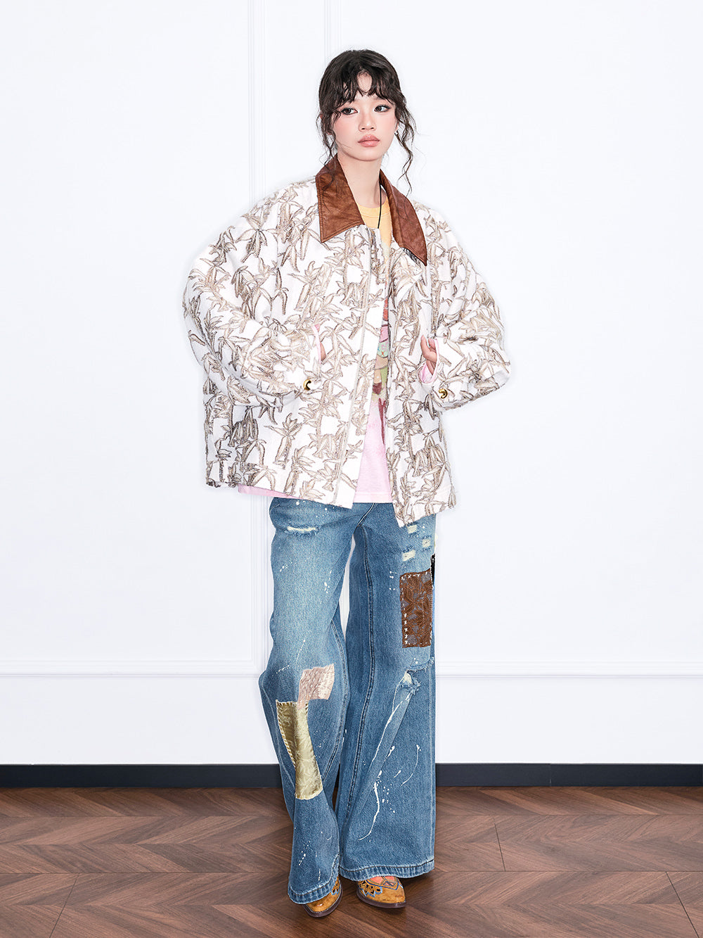 MUKZIN“Realm of Ethereal Mist”Loose Jacket with Plant Pattern, Contrast - Color Collar and Splicing Design
