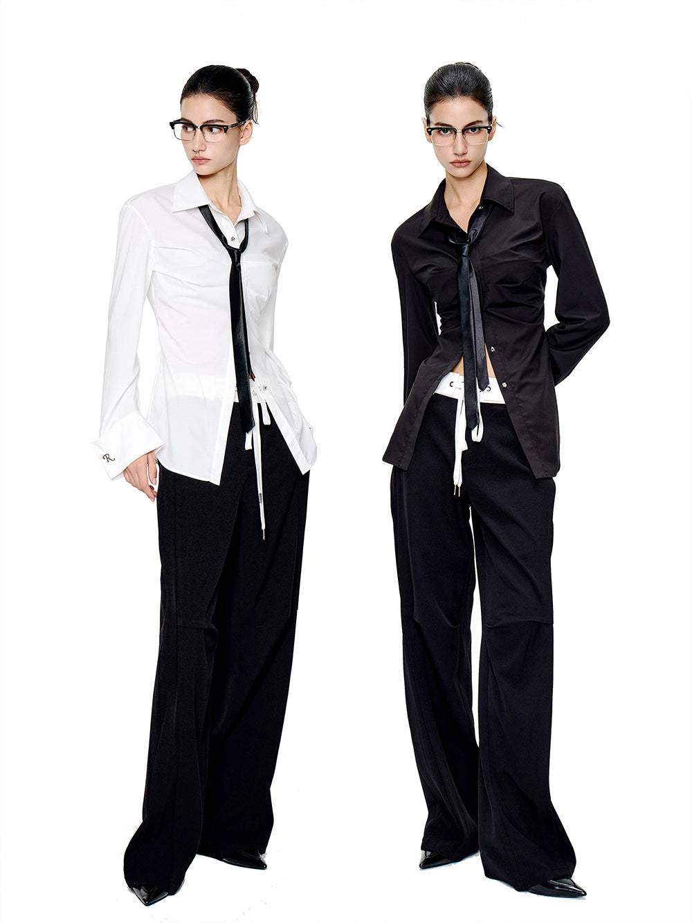 MUKTANK×MODULER Waist-Cinching Slim-Fit Turn-Down Sleeve Shirt in Black and White