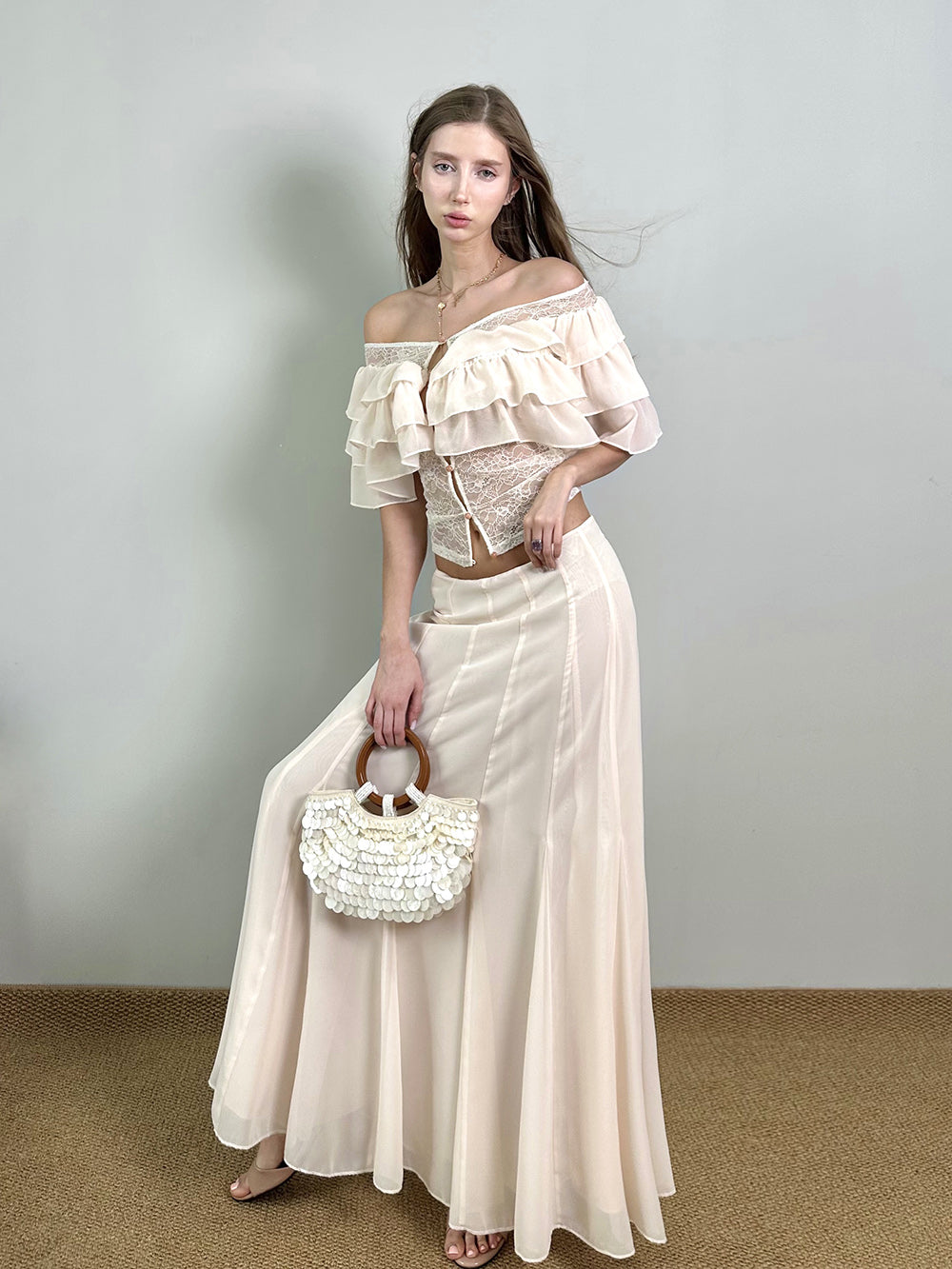 MUKTANK×Jqwention Ruffle Off Shoulder Slim Dress Two Piece Top