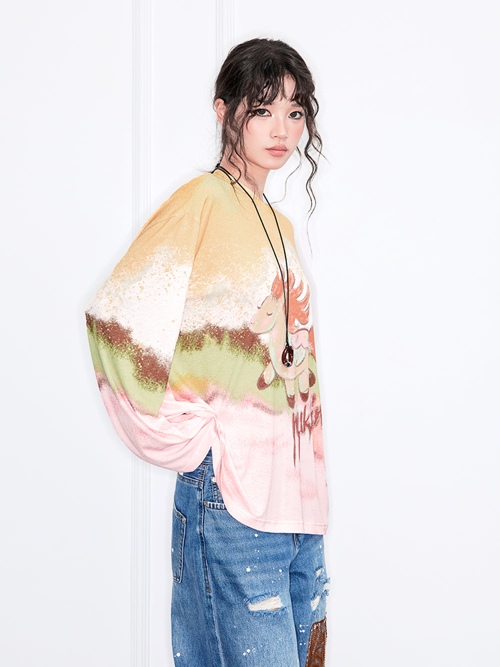 MUKZIN“Realm of Ethereal Mist”Gradient Cartoon Pony Printed Loose Long - Sleeve Top