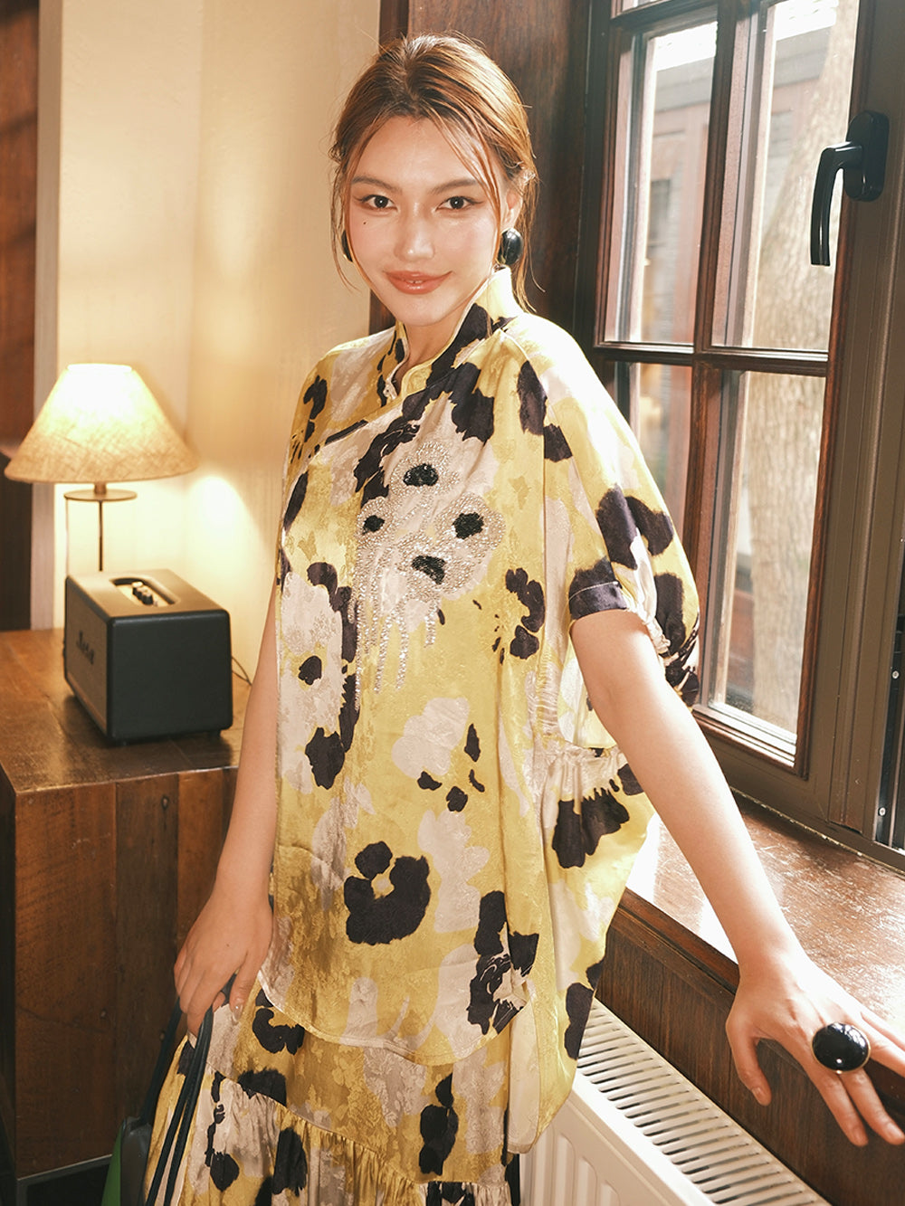 MUKZIN“Capsule Collection”Yellow-based Splatter Print Modified Cheongsam Top