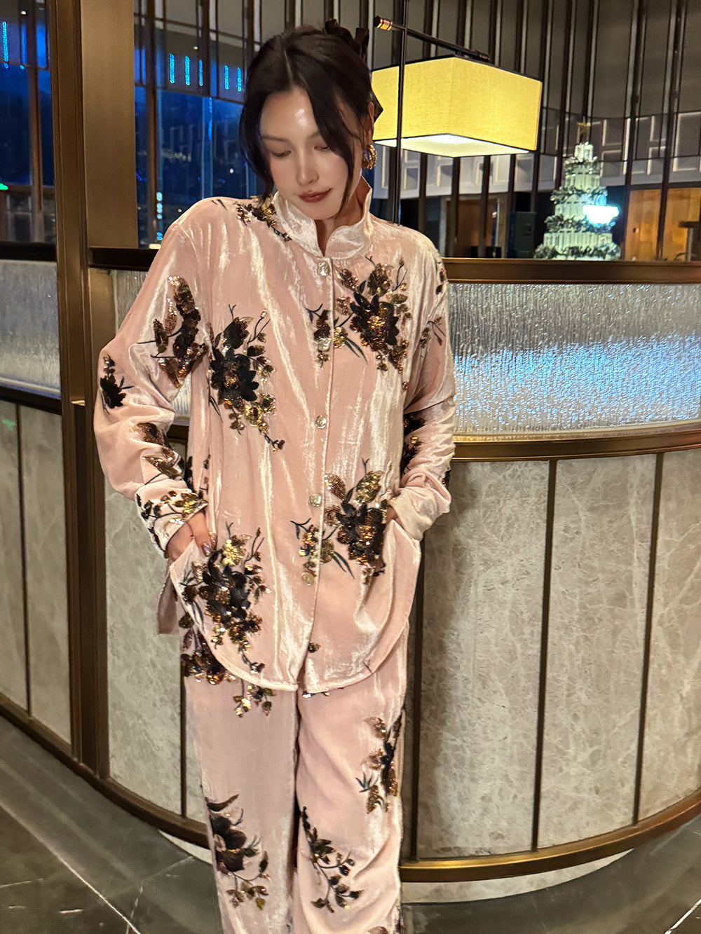 MUKZIN“Capsule Collection”Pink Floral Print Velvet Button-Down Shirt | Oriental Mandarin Collar Long Sleeve Blouse