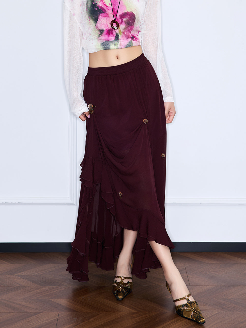 MUKZIN“Realm of Ethereal Mist”Burgundy irregular midi skirt