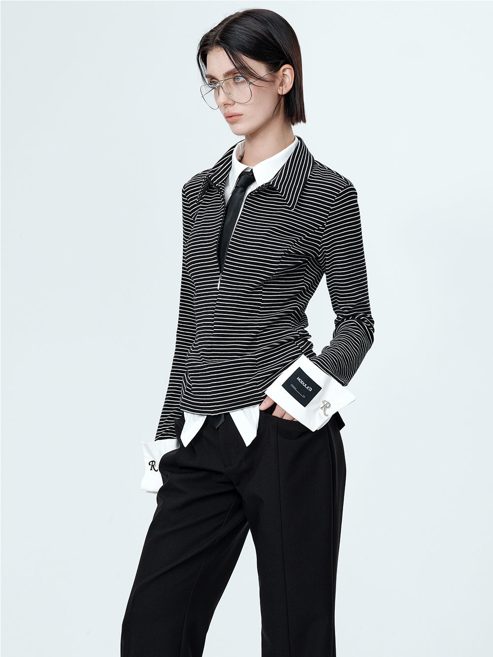 MUKTANK×MODULER Fake Two-piece Shirt with a Striped Henley Top Featuring a Spliced Turned-up Sleeves