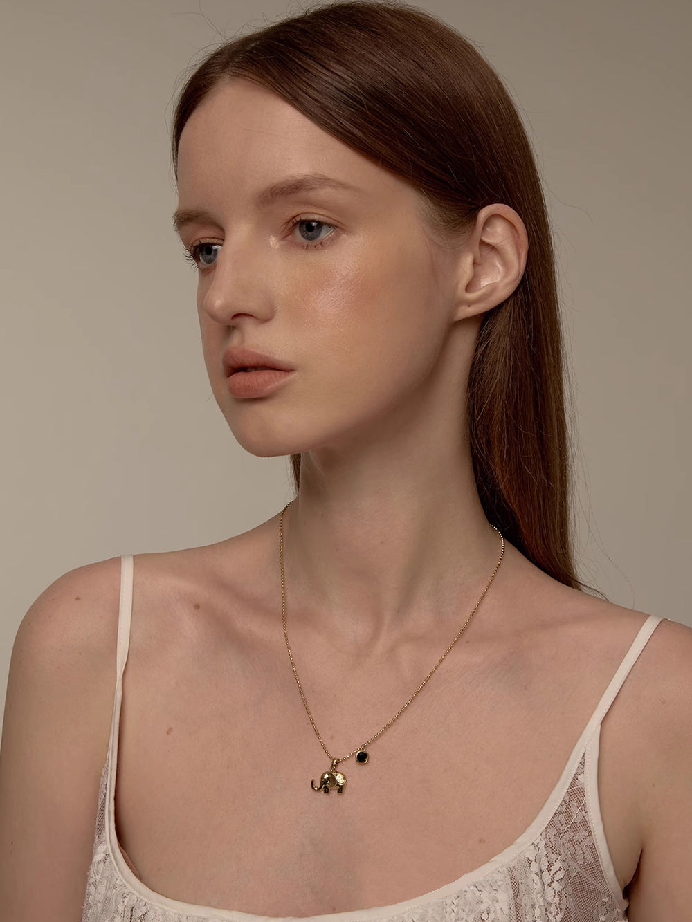 MUKTANK×SUN HUNTER Double-layered Necklace with Little Elephant Design and Black Spinel