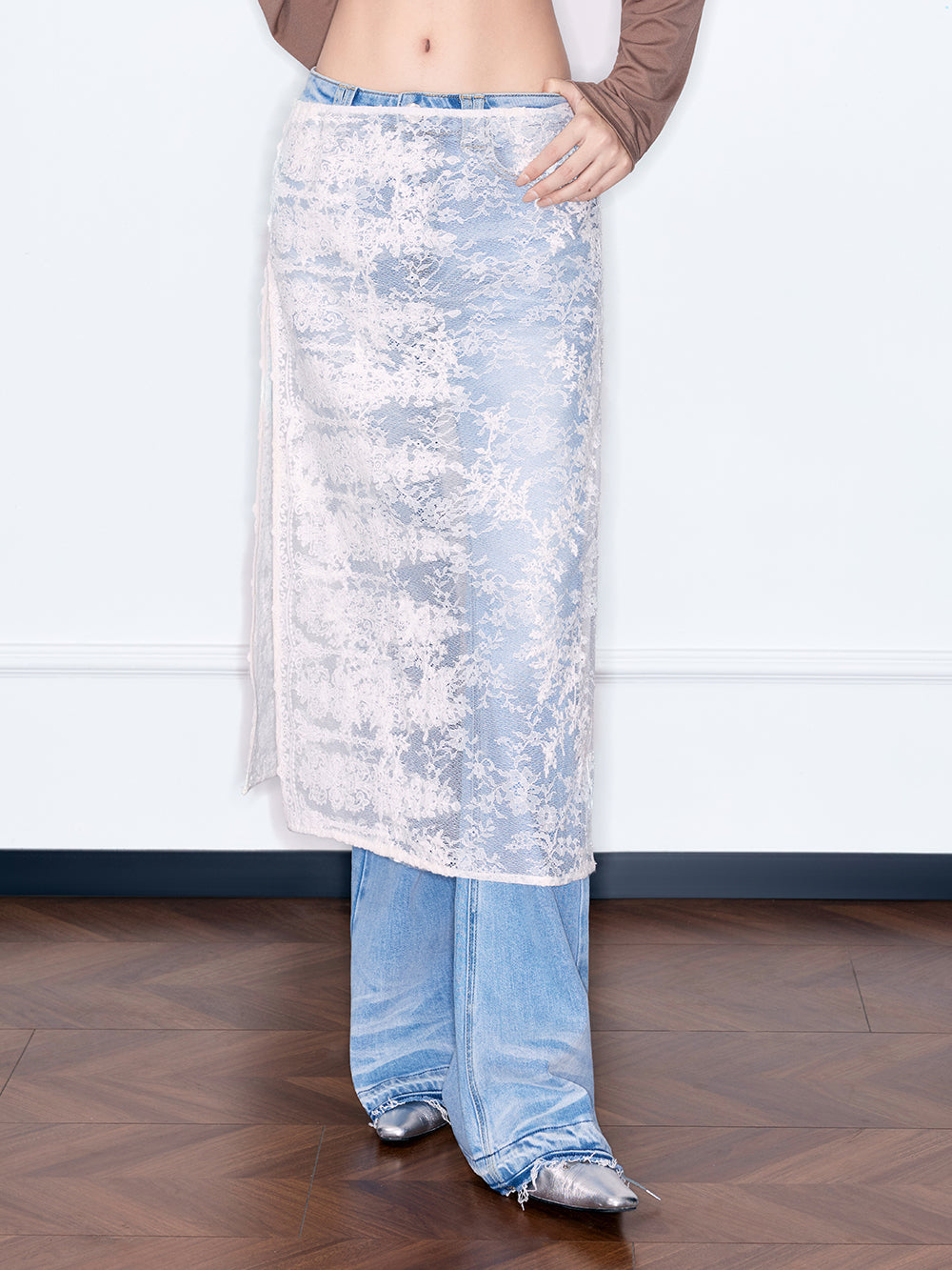 MUKZIN“Night Ballad of Chang'an”Women's Floral Lace Overlay Flare Jeans Beaded High Waist Denim Pants