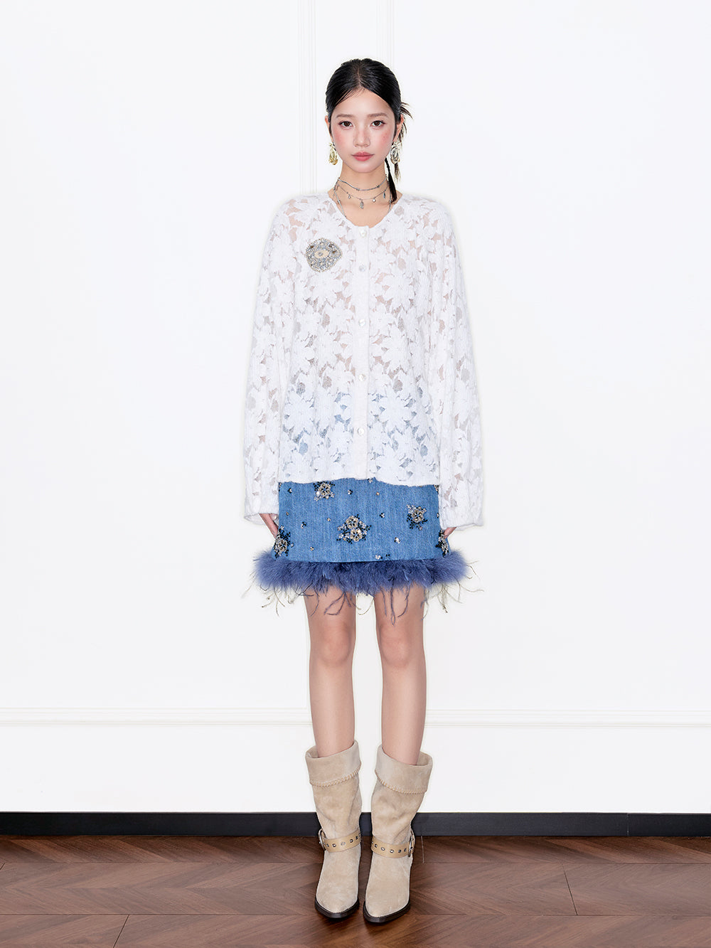 MUKZIN“Capsule Collection”White Lace Puff-Sleeve Cardigan