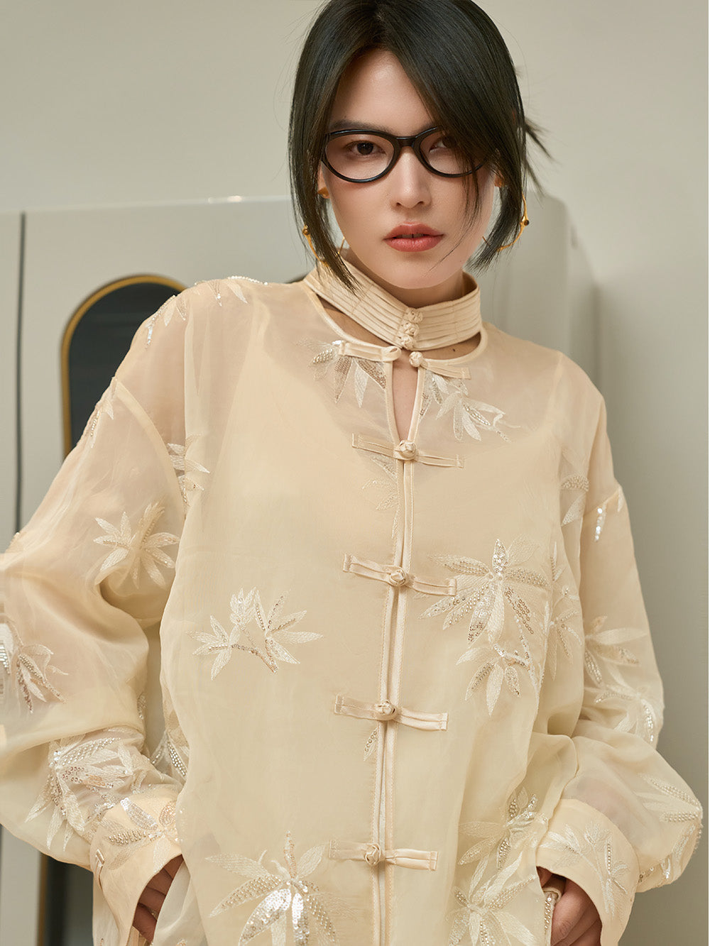 MUKZIN Chinese Style Stand Collar Shirt with Bamboo Leaf Embroidery