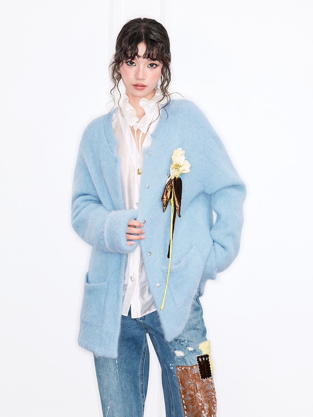 MUKZIN“Realm of Ethereal Mist”Light Blue Fuzzy Cardigan with Floral Decoration