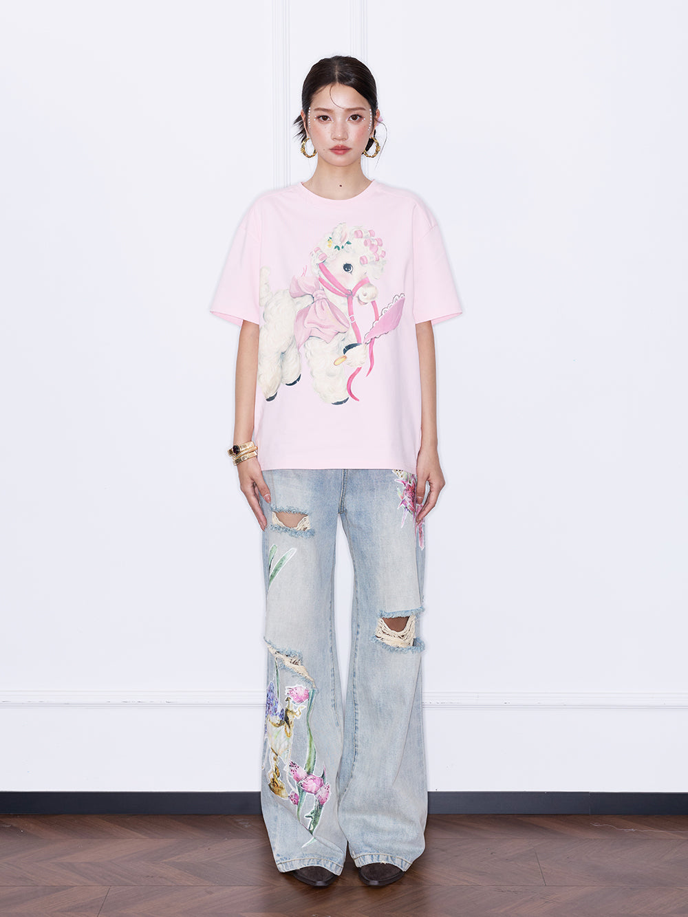 MUKZIN“Night Ballad of Chang'an”Distressed Vintage Wide-Leg Jeans | Dragon Fruit & Botanical Print Appliques Denim Pants