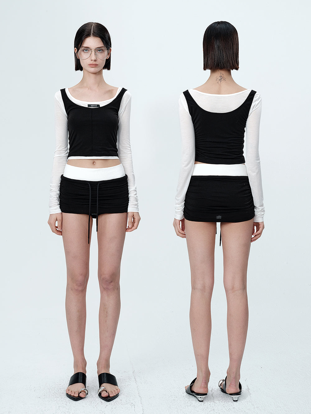 MUKTANK×MODULER Tencel Fake Two-piece Short Knitted Top with Contrasting Colors and a Slim Fit